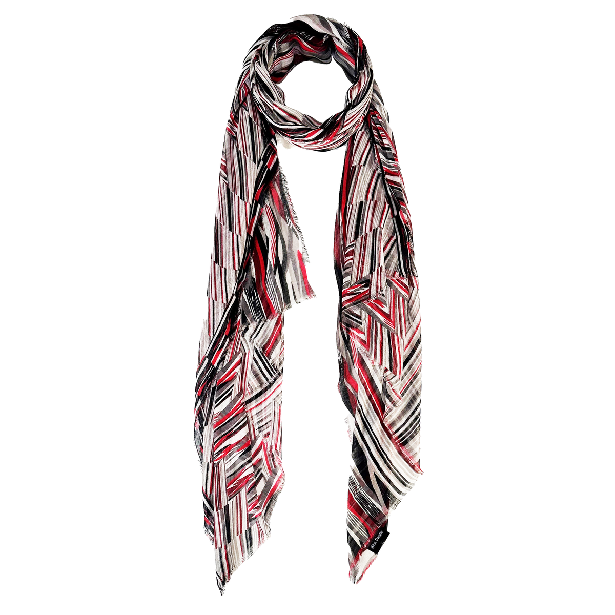 Blue Pacific Switchback Scarf in Crimson, shown looped once with both ends hanging down the front.
