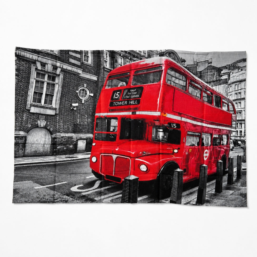 Blue Pacific Piccadilly London Bus scarf in black, white, and red, shown as a flat lay displaying the full print.