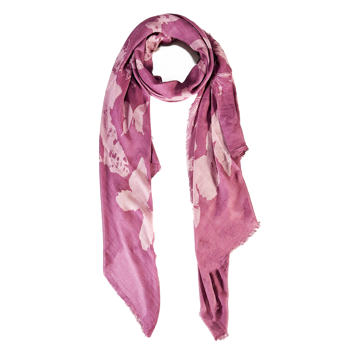 Blue Pacific Papillon Scarf in Mauve, shown draped once around the neck.