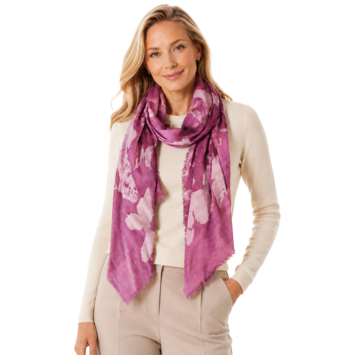 Blue Pacific Papillon Scarf in Mauve, shown on a model in studio light.