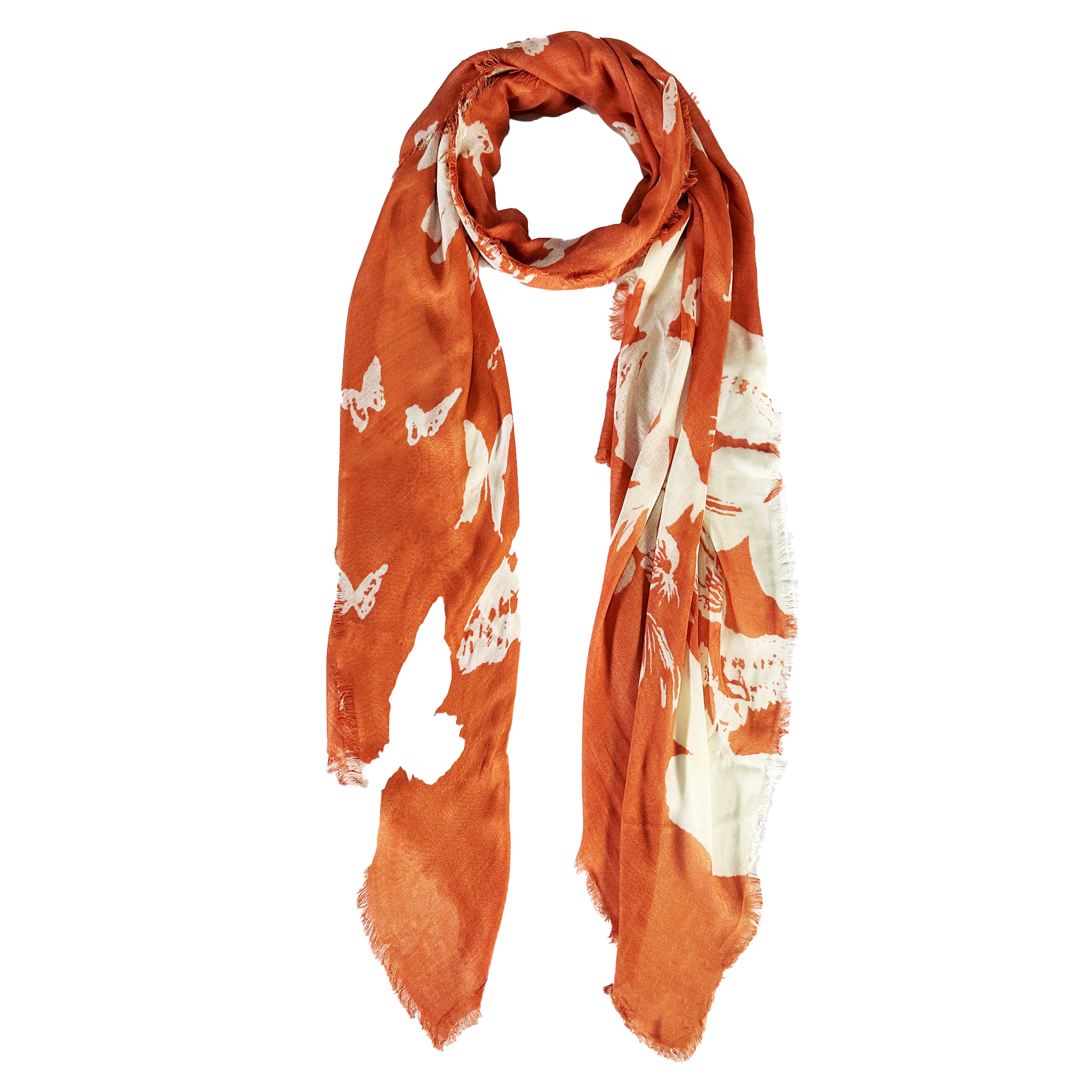 Blue Pacific Papillon Scarf in Persimmon, shown looped once with both ends hanging down the front.