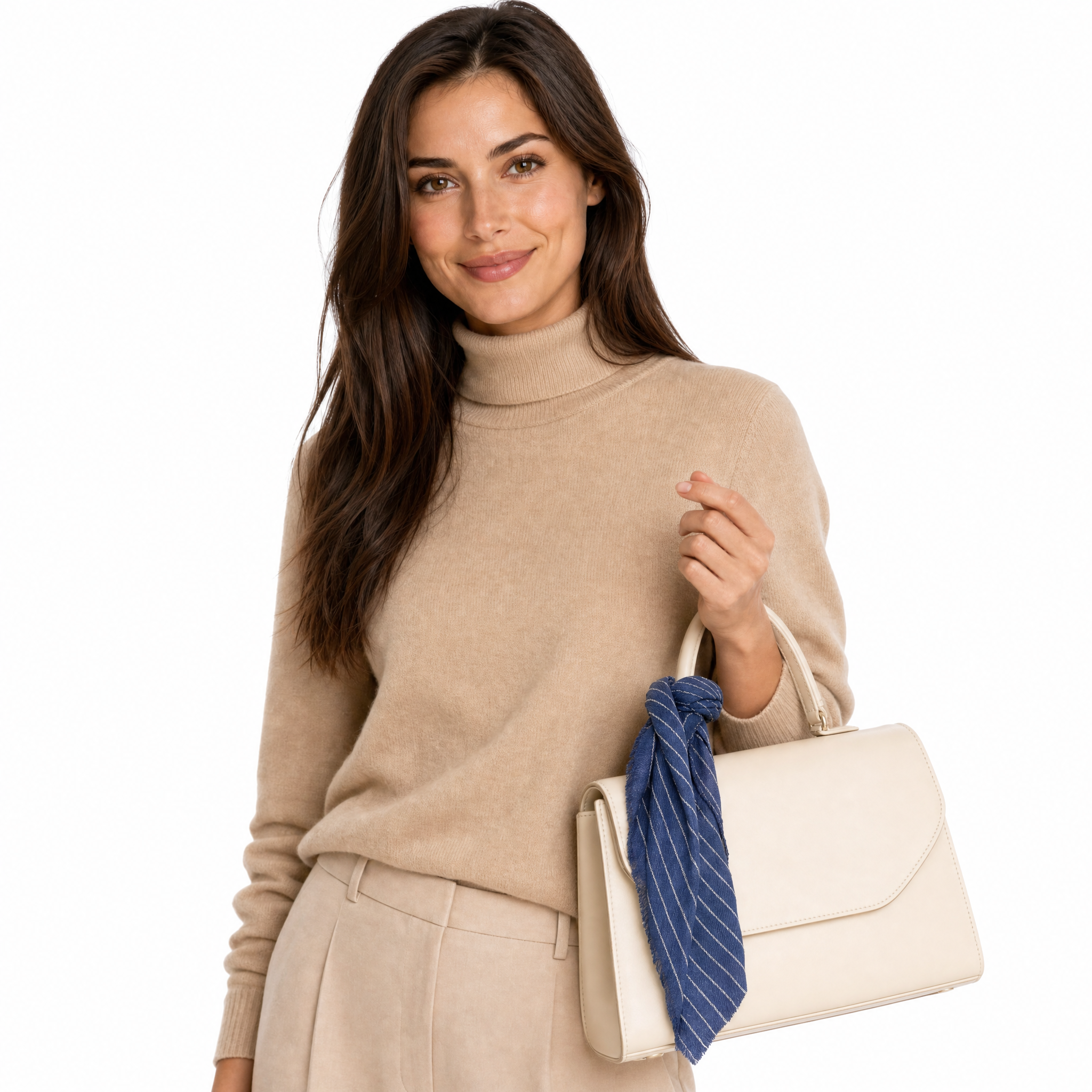 Blue Pacific Cashmere Blend Pin Stripe neckerchief in Navy, knotted on a handbag.