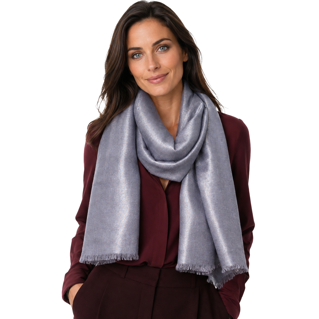 Blue Pacific Lumière Cashmere-Silk Metallic Scarf in Slate, shown styled (image 2).