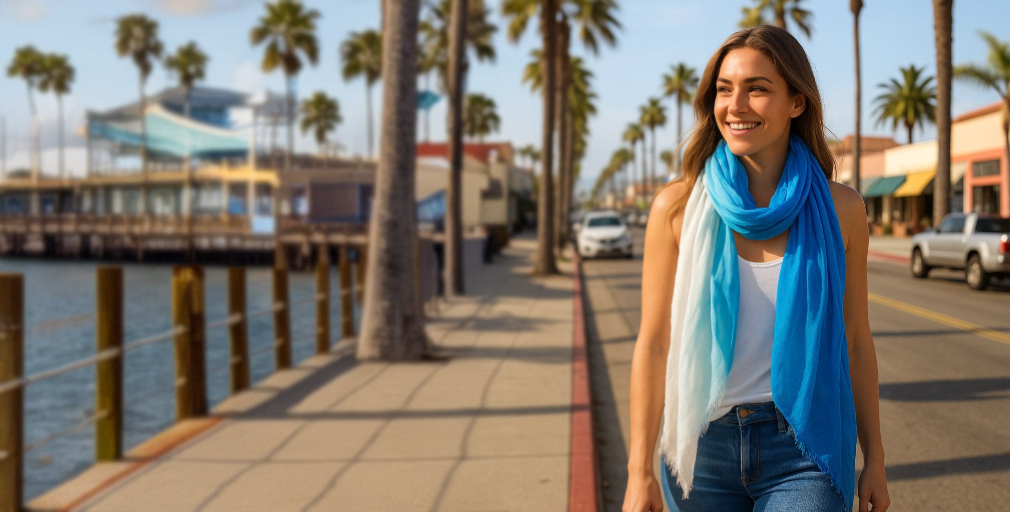 Woman with a blue scarf walking along a waterfront promenade with palm trees and buildings in the background.
