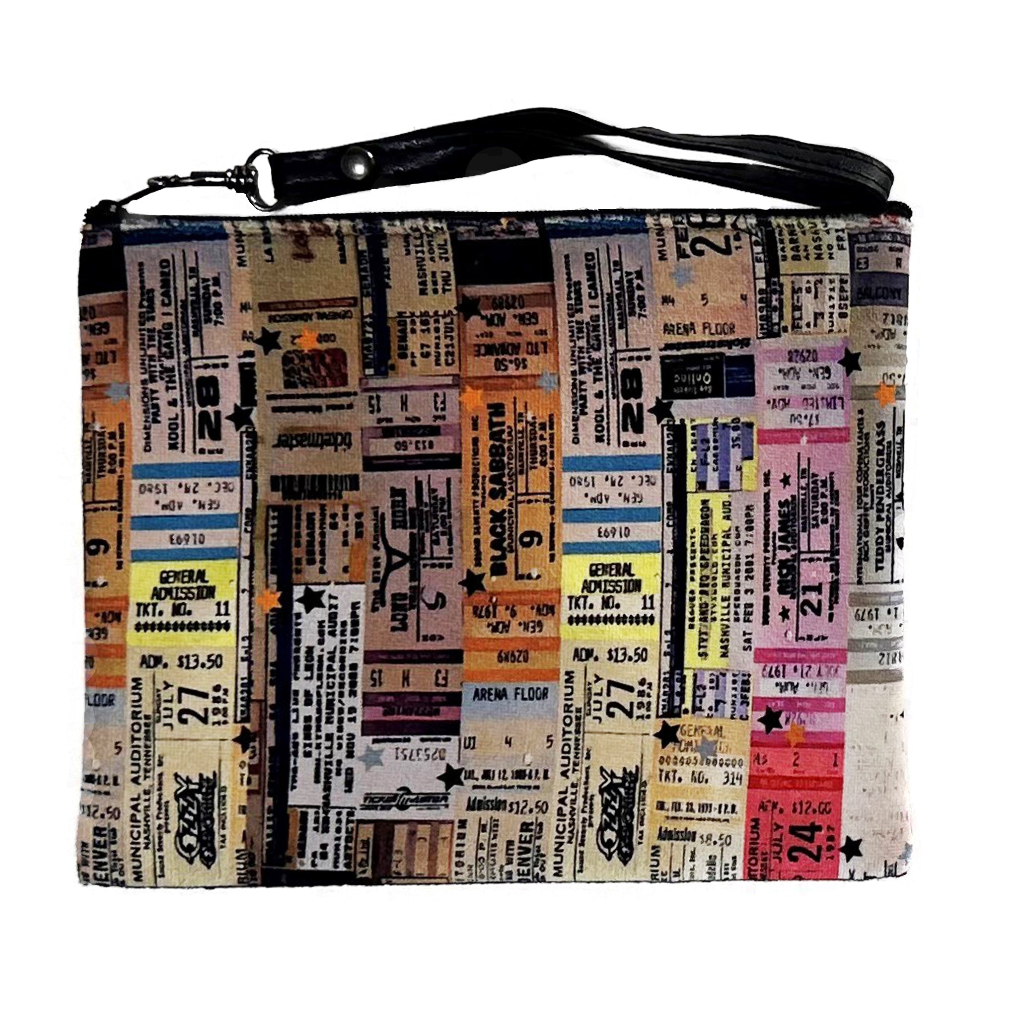 Vintage Tickets Faux Suede Wristlet