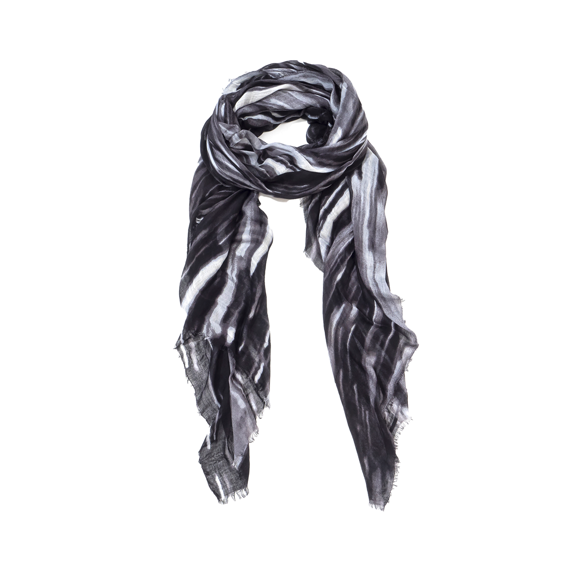 A lightweight scarf with a black, gray, and white striped pattern, styled in a loose knot against a solid white background.