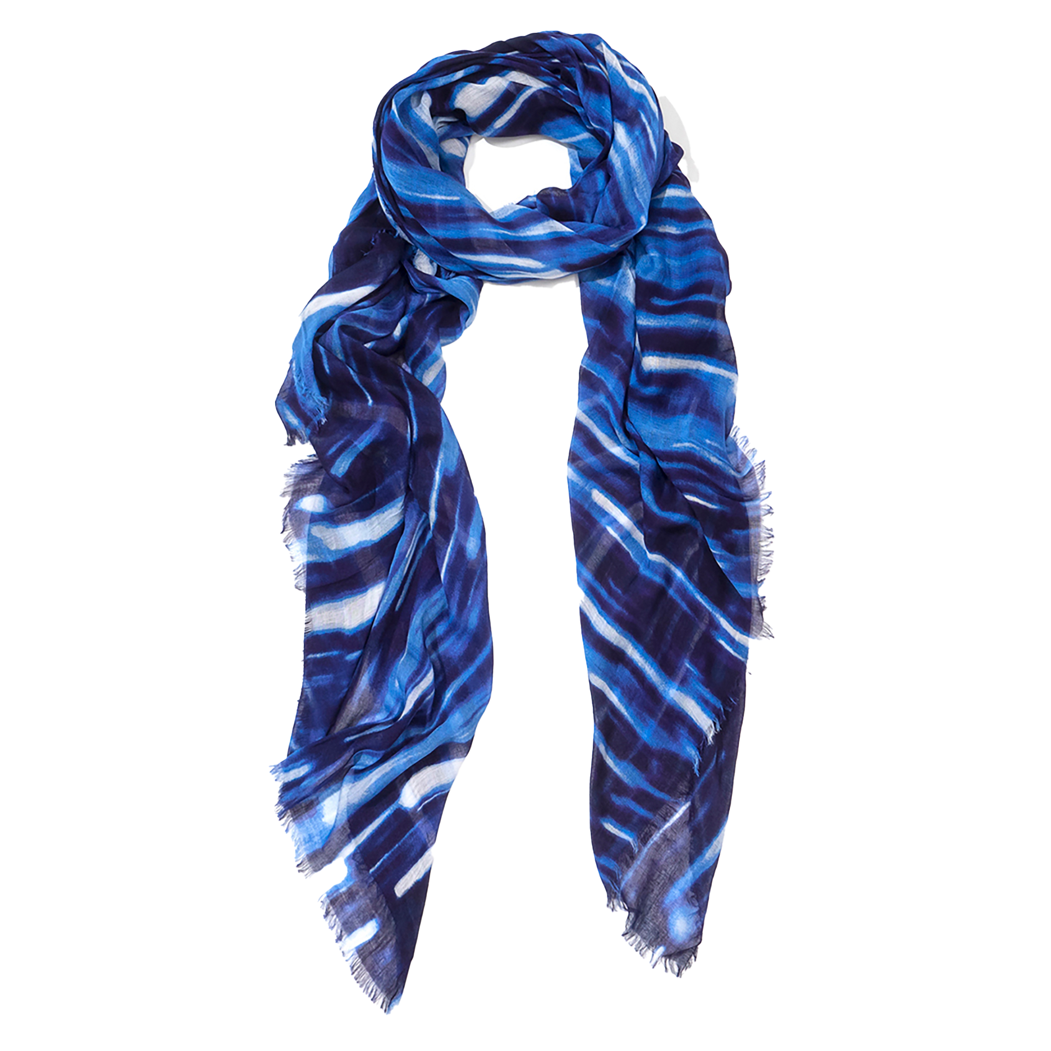 A lightweight scarf with a blue and white tie-dye pattern and fringed edges, displayed against a solid white background.