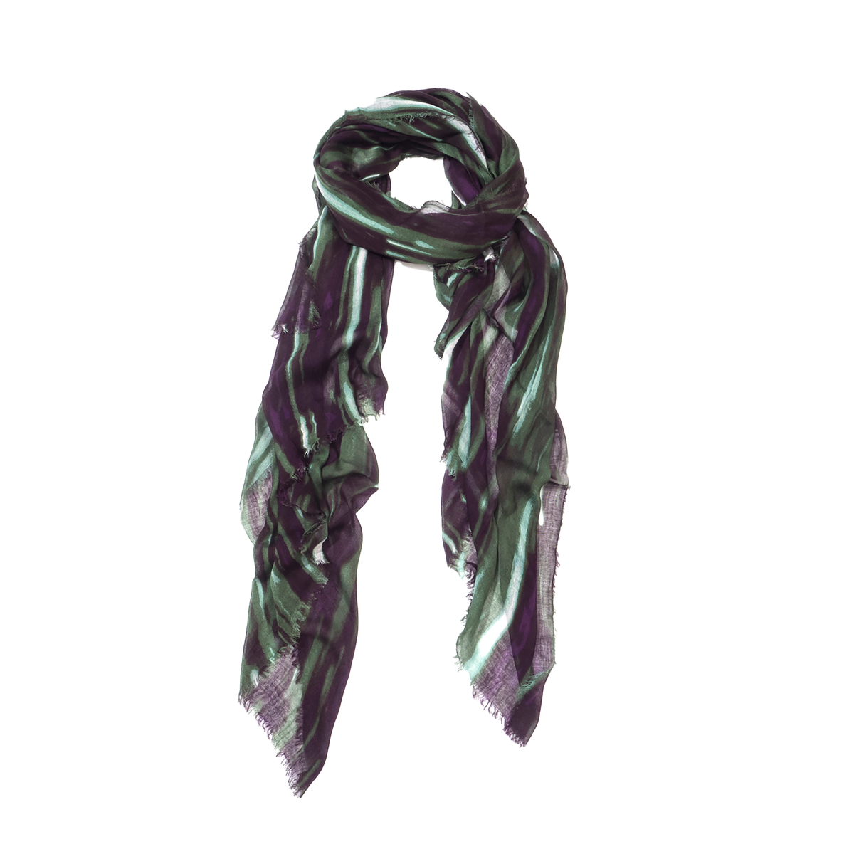 A lightweight scarf with a striped pattern in deep purple and green, featuring frayed edges and draped in a loop on a plain white background.