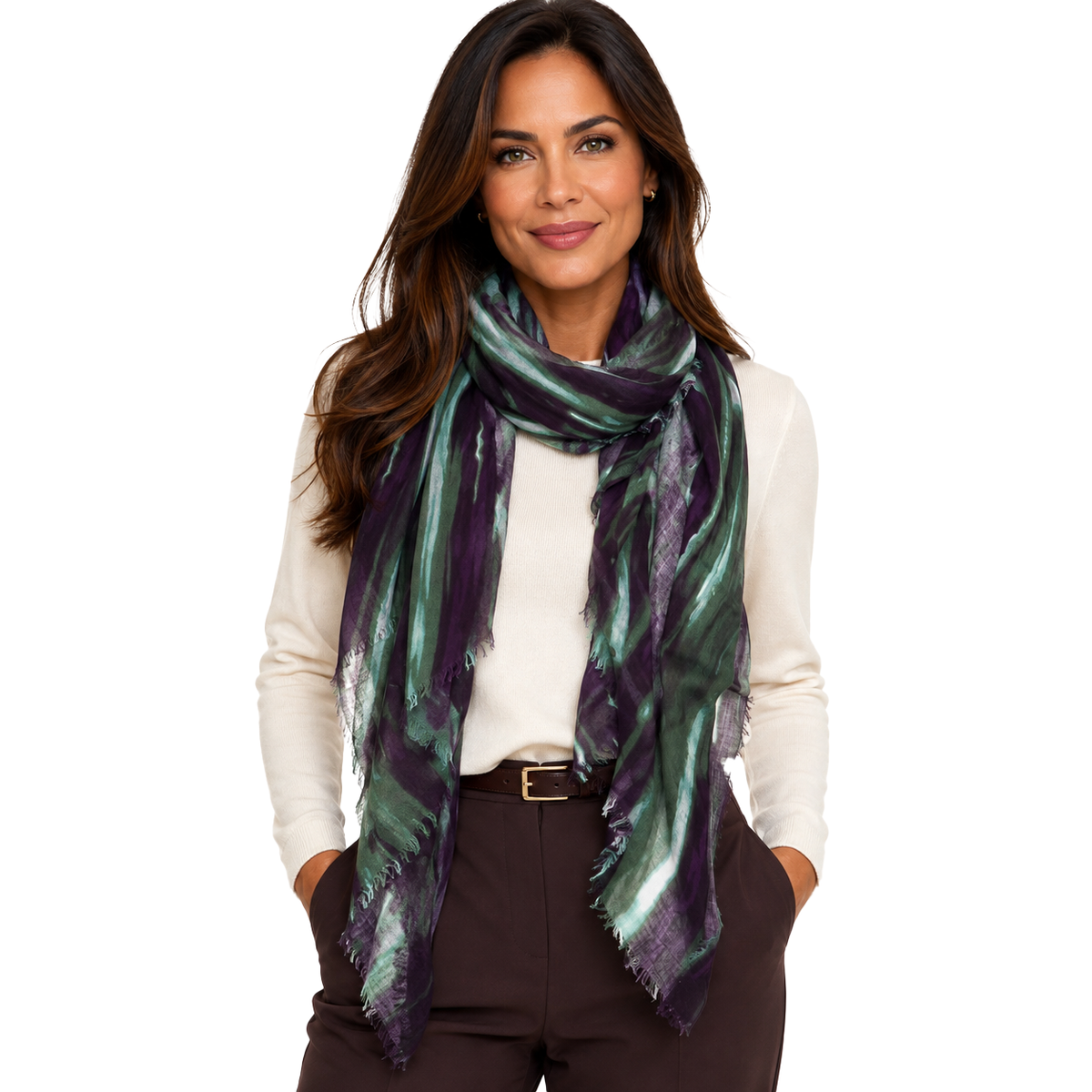 Blue Pacific Lightfall Scarf in Eggplant/Olive, shown the full painterly stripe print.