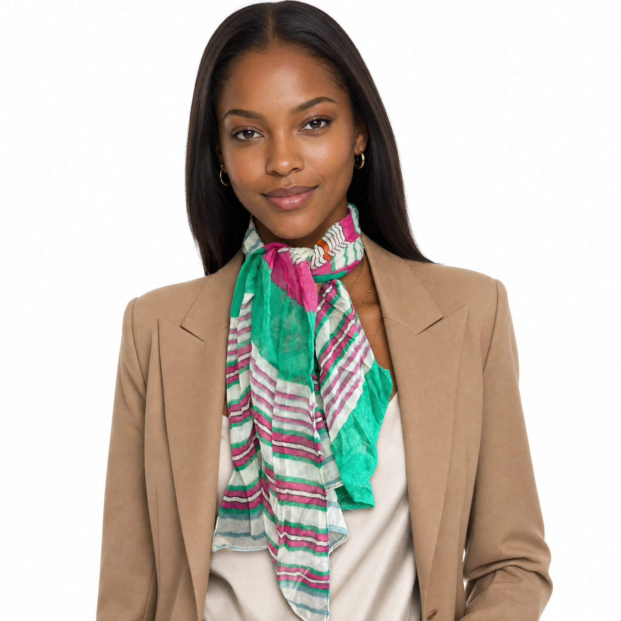 Blue Pacific Starburst cotton neckerchief in Hot Pink/Emerald, tied at the neck on a model.
