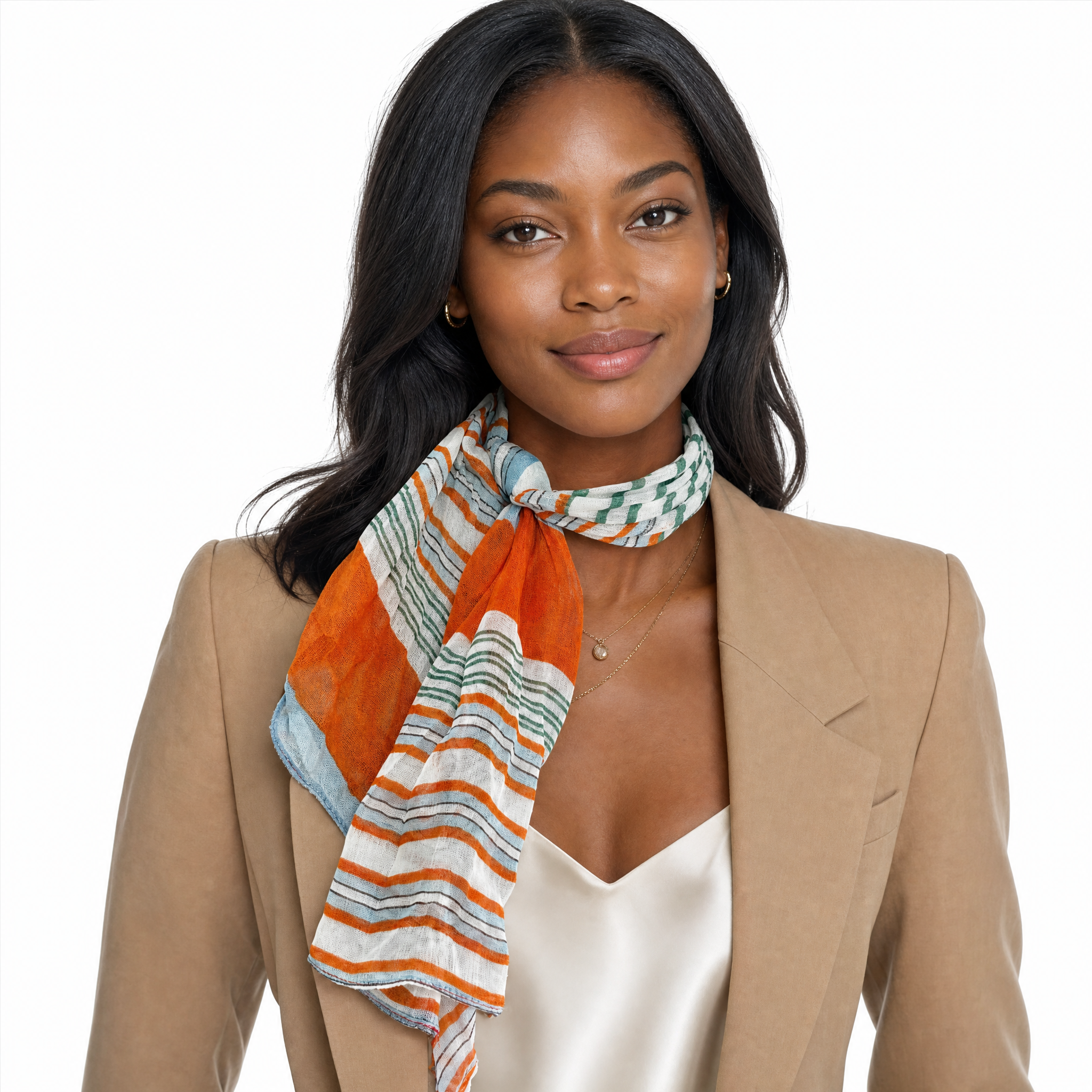 Blue Pacific Starburst cotton neckerchief in Orange/Grey, tied at the neck on a model.