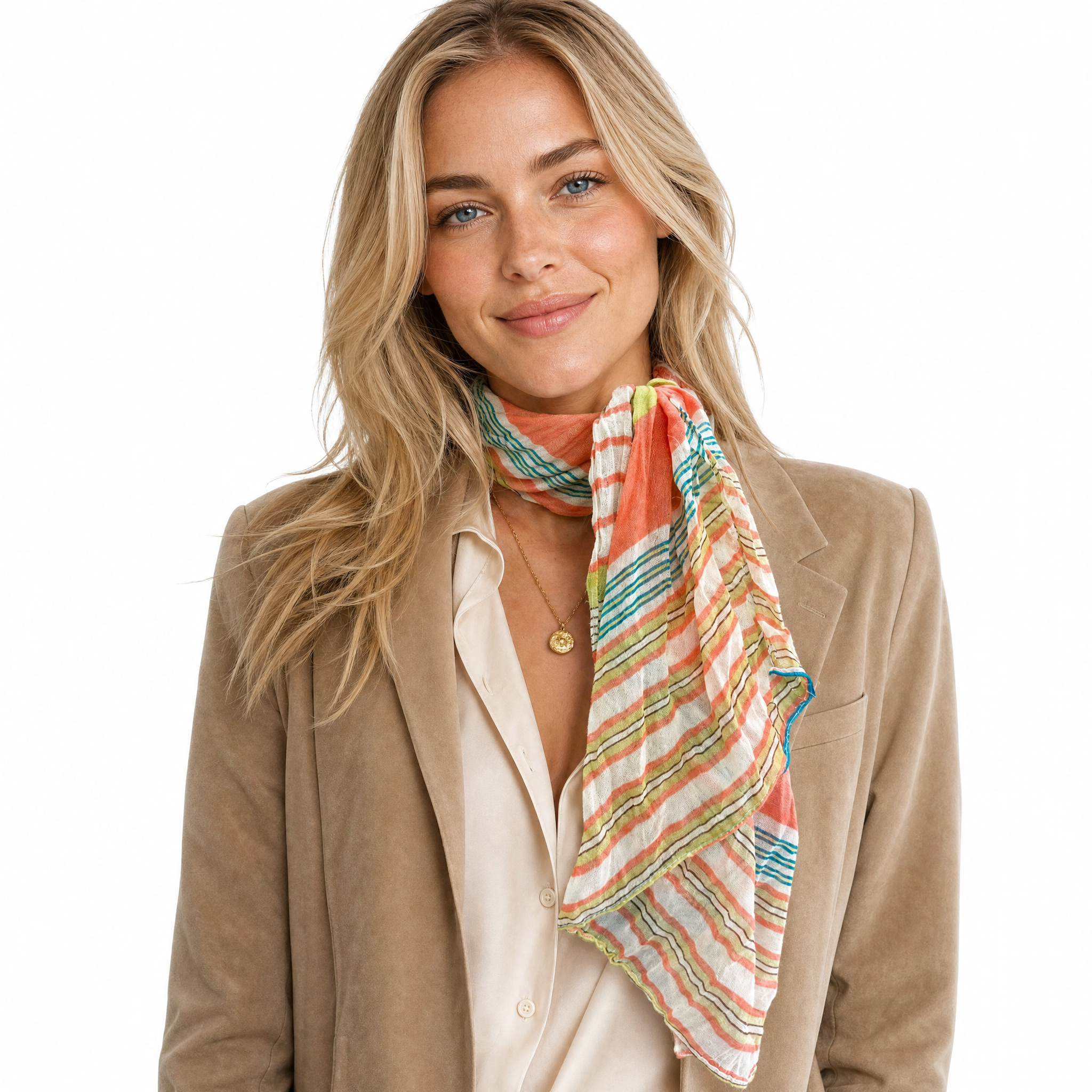 Blue Pacific Starburst cotton neckerchief in Peach/Sage, tied at the neck on a model.