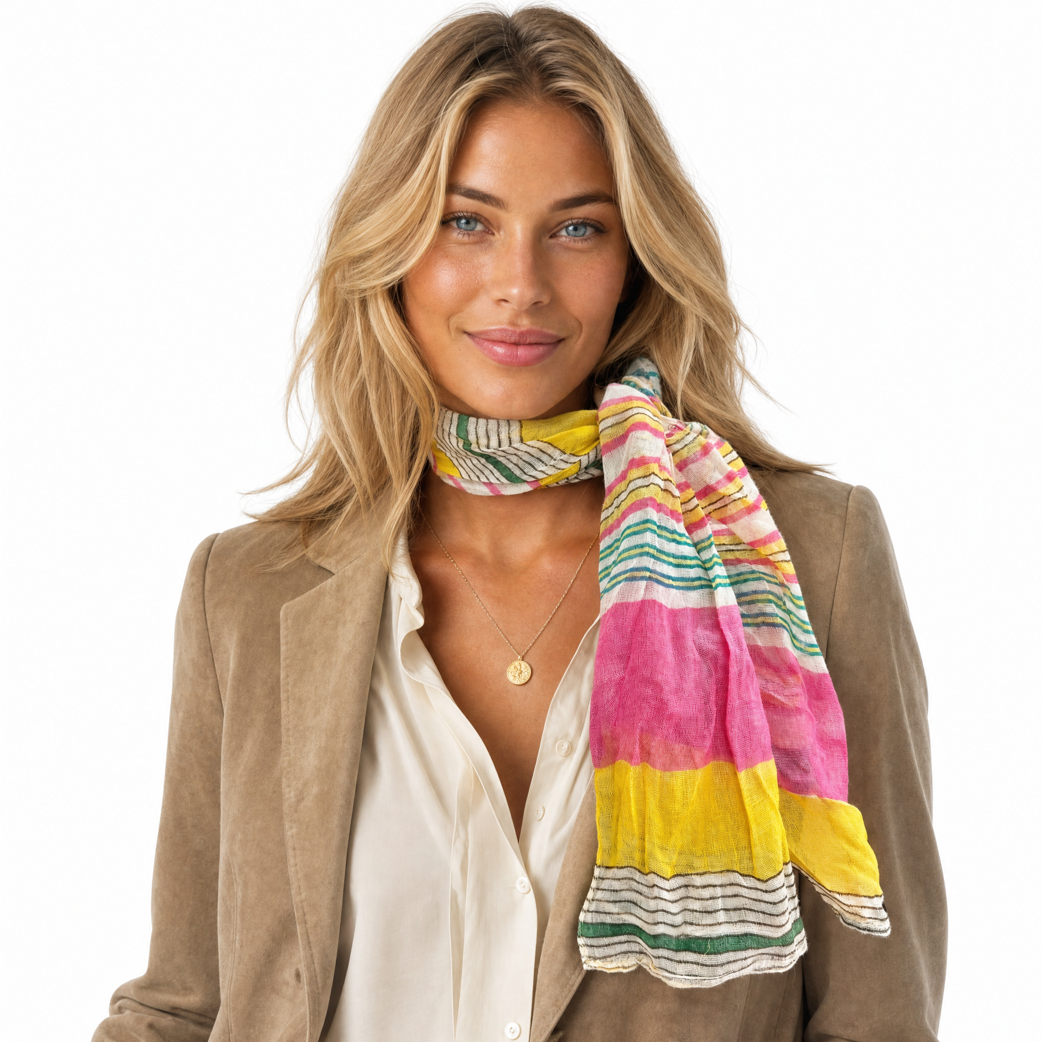 Blue Pacific Starburst cotton neckerchief in Yellow/Light Pink, tied at the neck on a model.