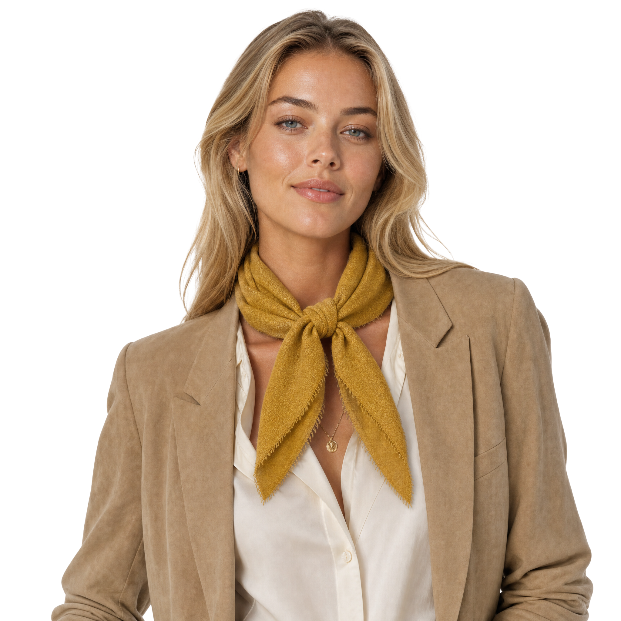 Blue Pacific cashmere blend solid neckerchief in Antique Moss, styled on a model.