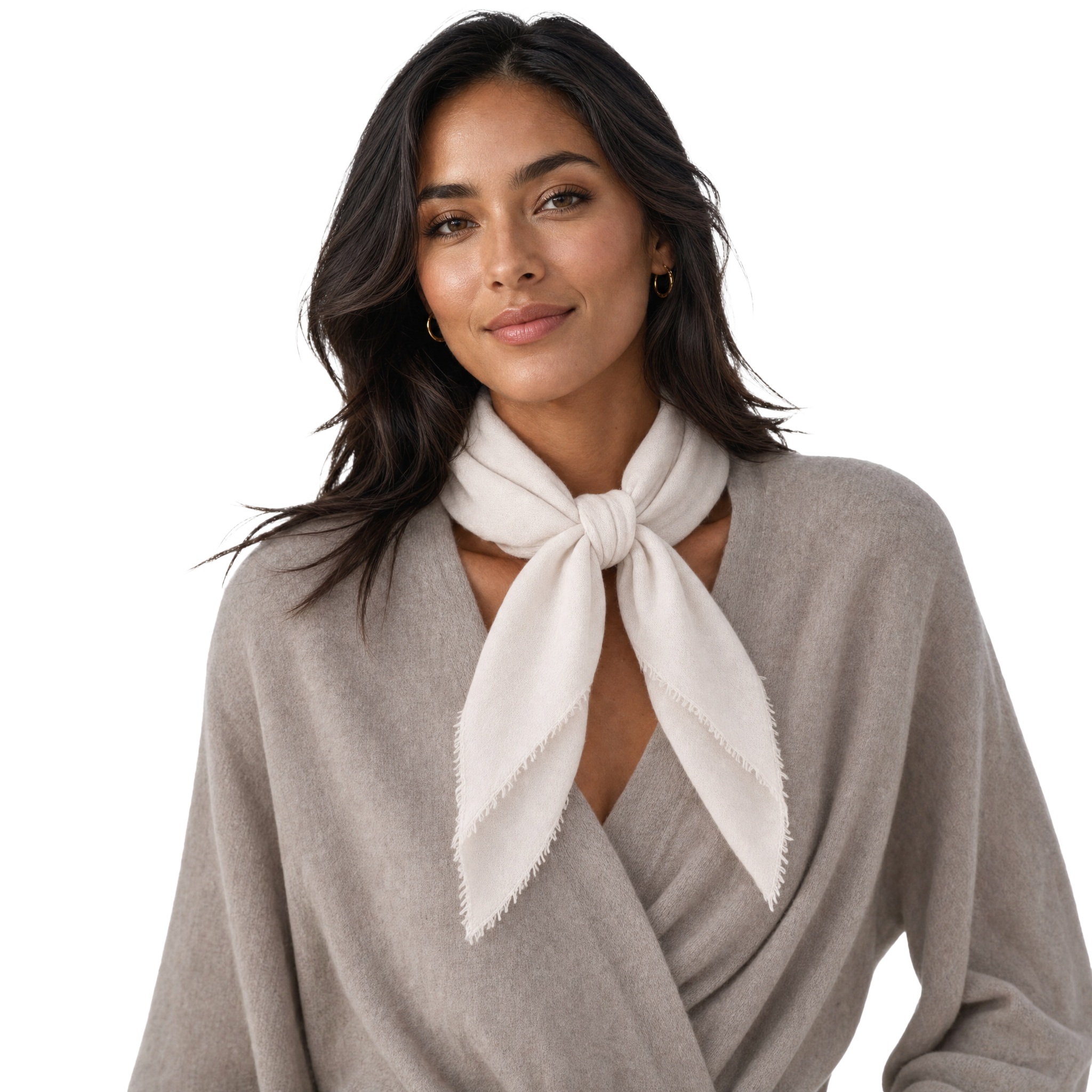 Blue Pacific cashmere blend solid neckerchief in Brazilian Sand, styled on a model.