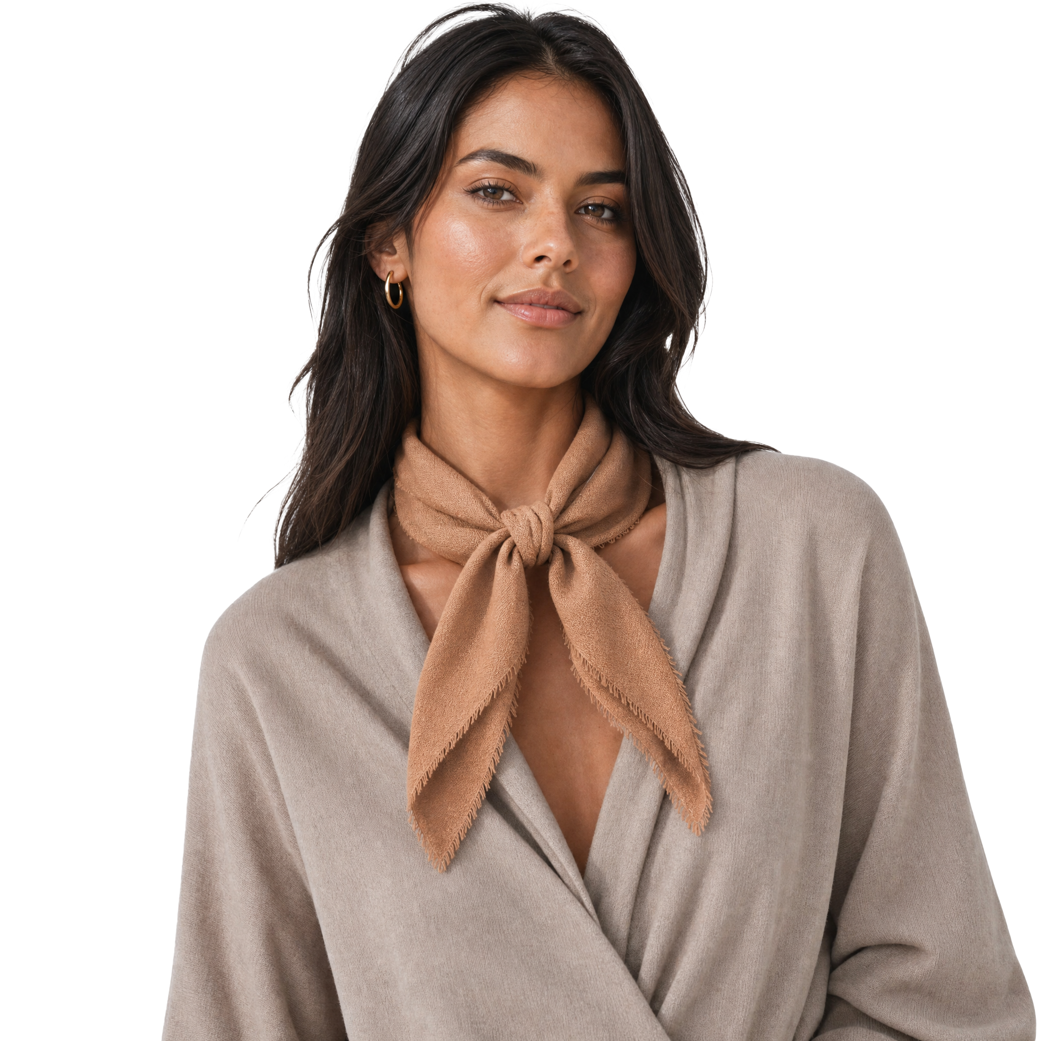 Blue Pacific cashmere blend solid neckerchief in Clove, styled on a model.