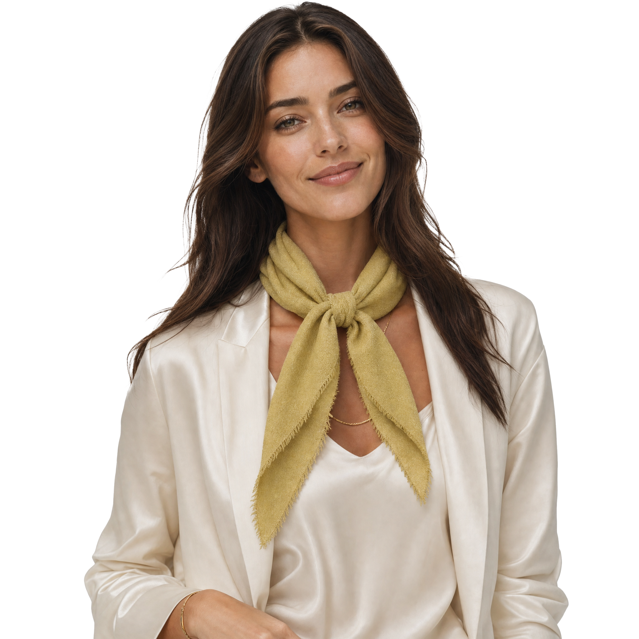 Blue Pacific cashmere blend solid neckerchief in Golden Moss, styled on a model.