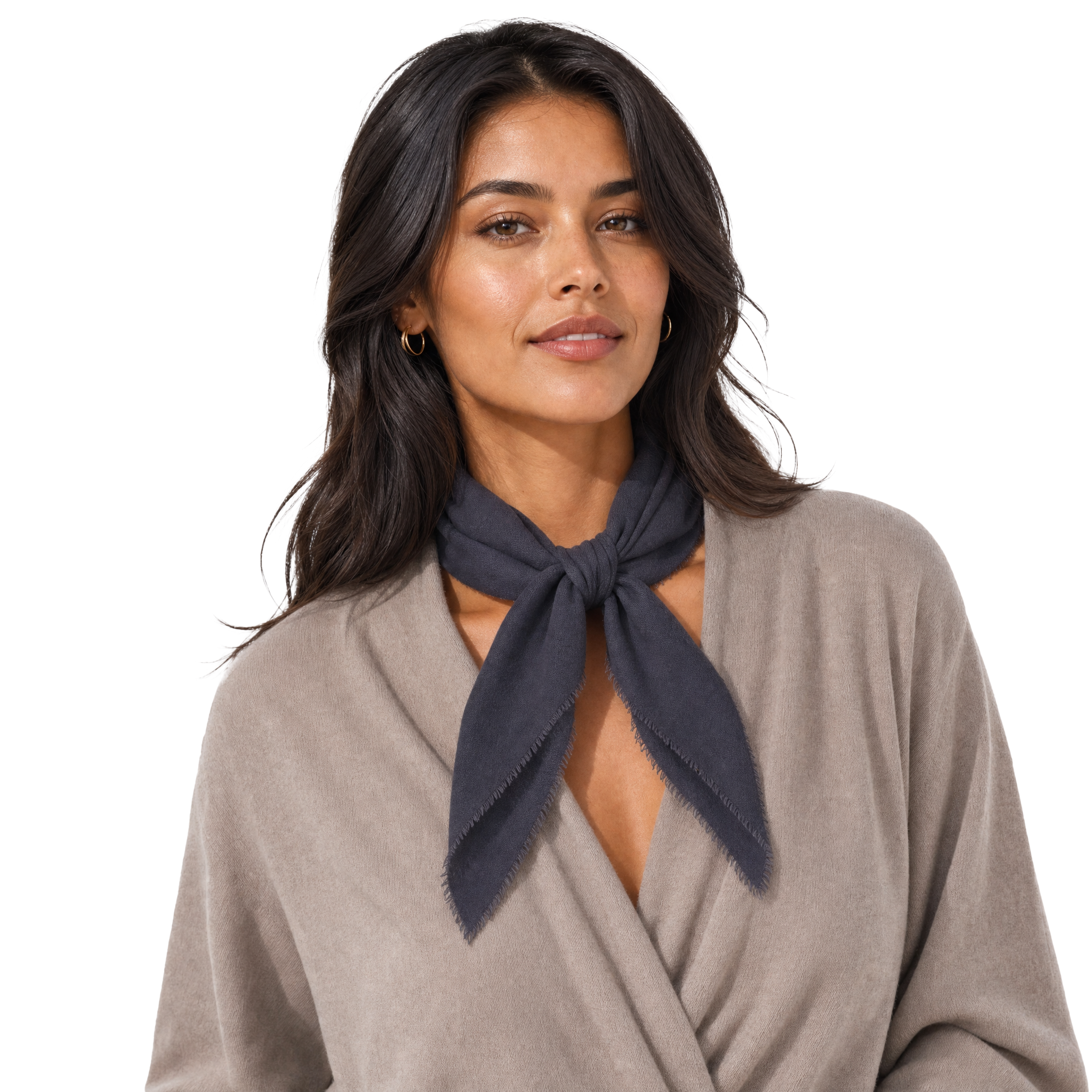 Blue Pacific cashmere blend solid neckerchief in Midnight, styled on a model.