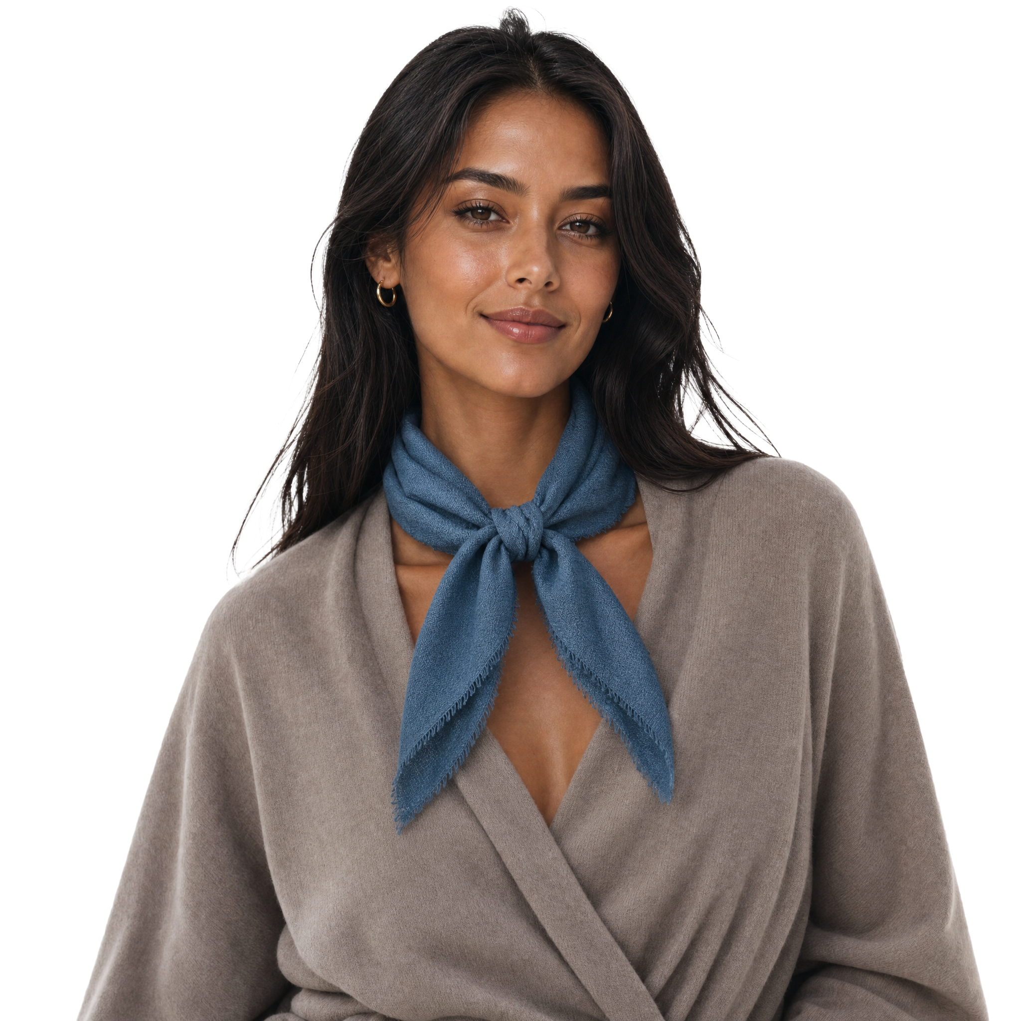 Blue Pacific cashmere blend solid neckerchief in Ocean Blue, styled on a model.