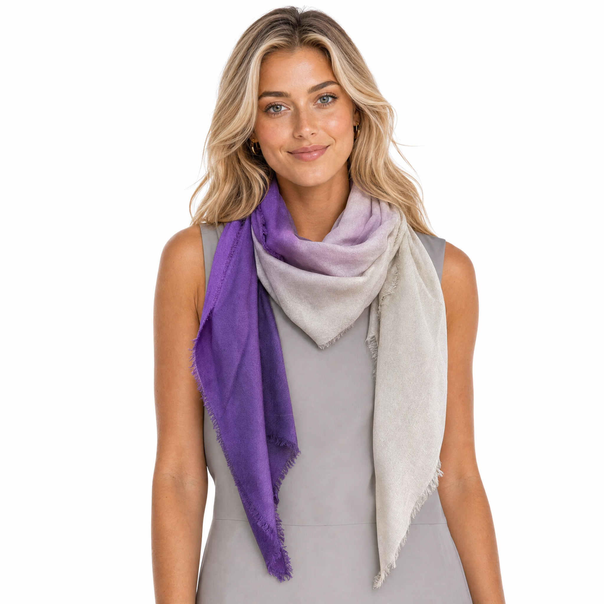 Blue Pacific Cashmere Blend Vintage Dip Dye half scarf in Purple Velvet, styled on a model.