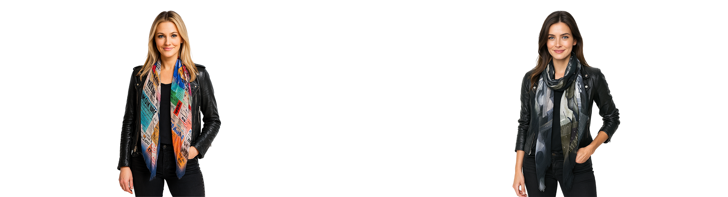 A long black scarf with a bold collage design featuring red and gold stars, rolling stone magazine covers, and textured grey patterns, styled loosely around the neck and draped down the front.