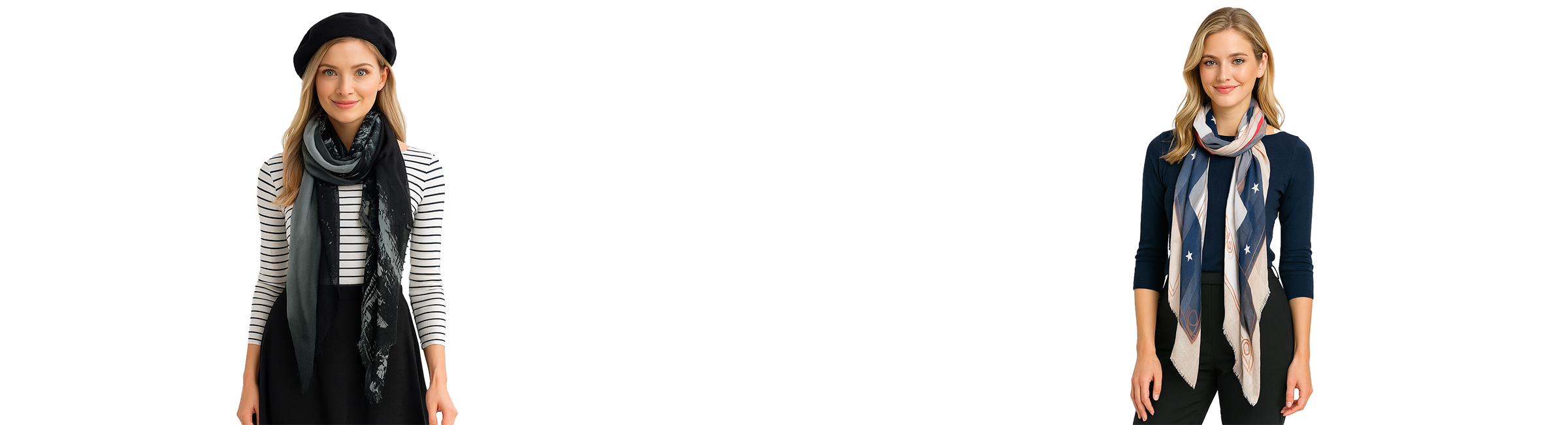 Woman wearing a long lightweight scarf with a gradient design that shifts from teal green to sandy beige and deep rust, accented with geometric line patterns on a black base, styled over a black blazer and top against a pure white background.