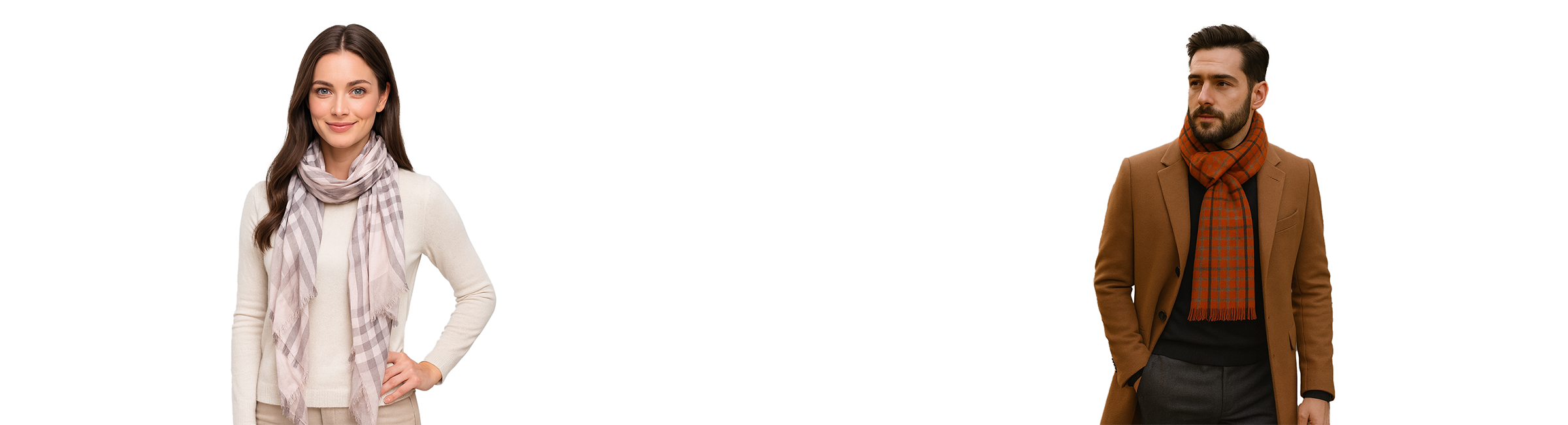 A soft cashmere/wool scarf in dark taupe with subtle slate gray and rust-toned horizontal stripes, finished with short fringe ends, styled draped around the neck.