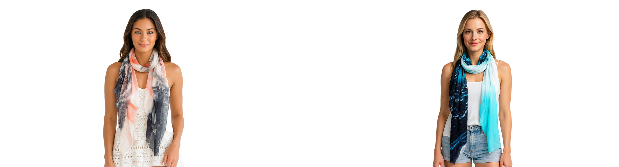 A young woman with dark brown hair smiles warmly in a studio with a pure white background. She wears a camel cardigan, white top, and brown pants, accessorized with a soft ombre scarf in white, turquoise, and deep blue draped around her neck.