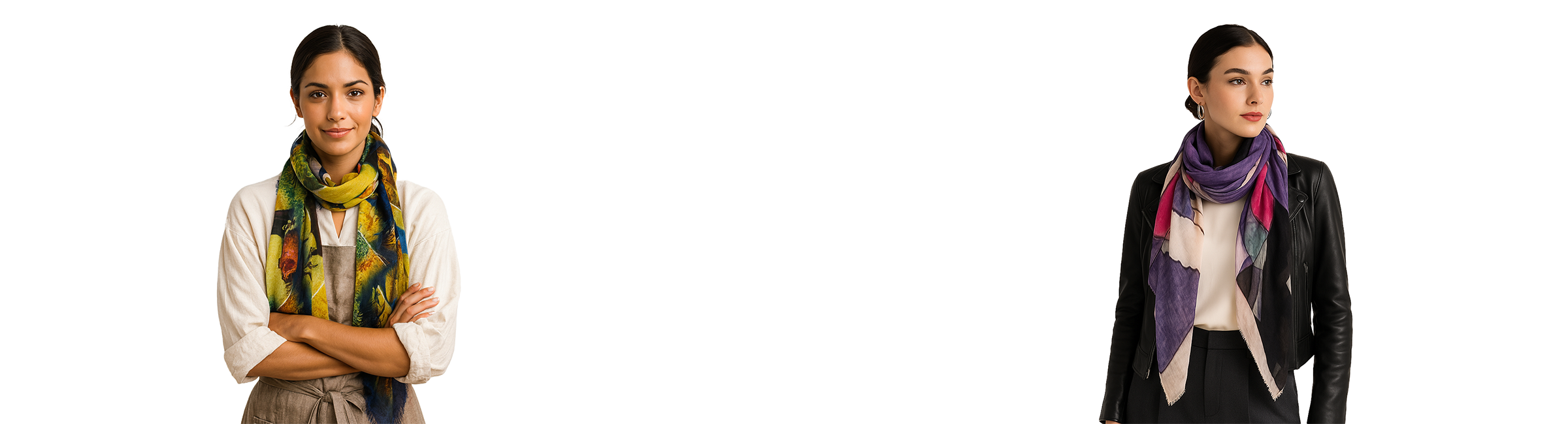 Woman wearing a multicolored abstract-print scarf in shades of purple, pink, cream, and black, styled loosely around her neck. She is dressed in a black leather jacket over a white blouse, standing against a plain light background.