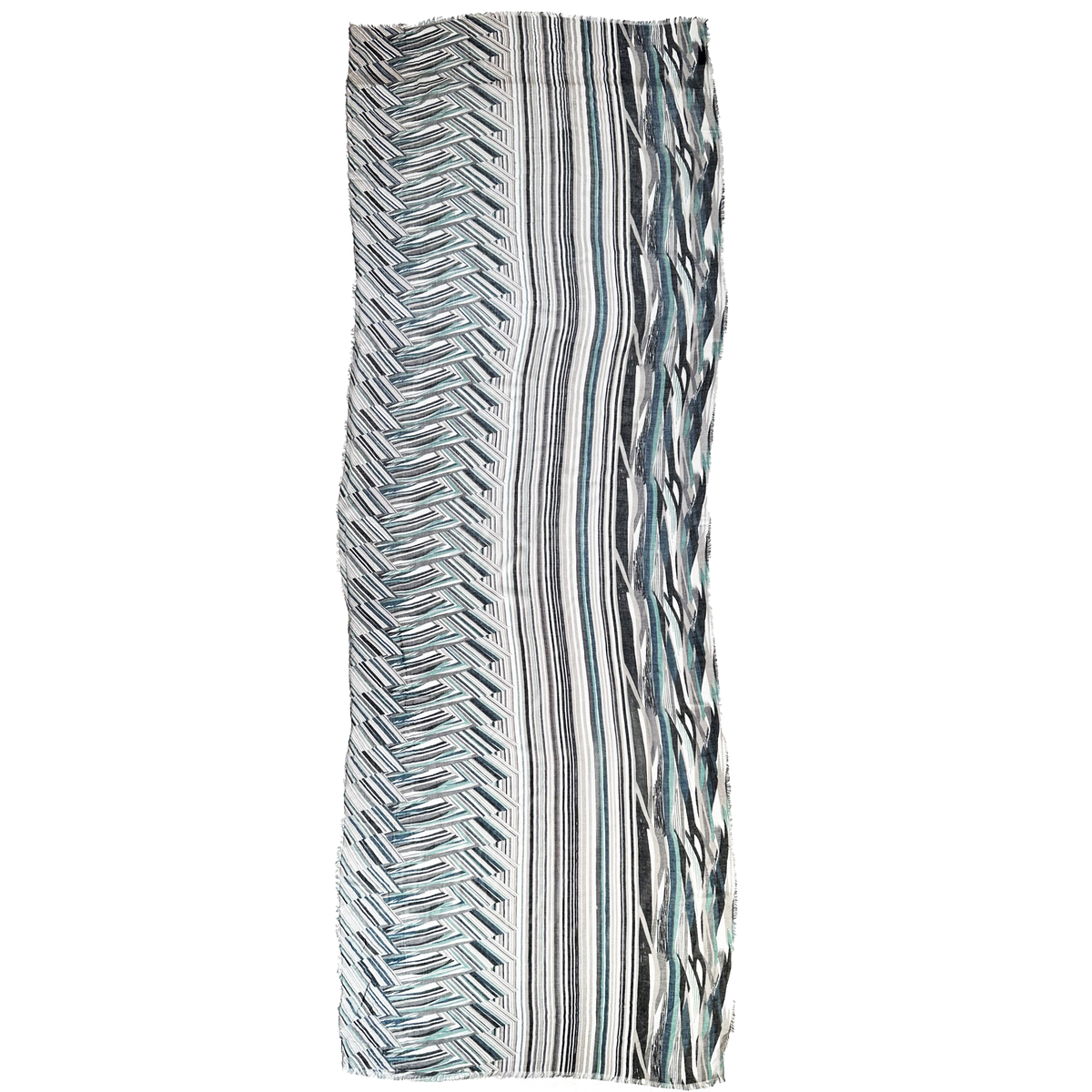 Blue Pacific Switchback Scarf in Dark Teal, shown laid flat to the full painterly stripe print.