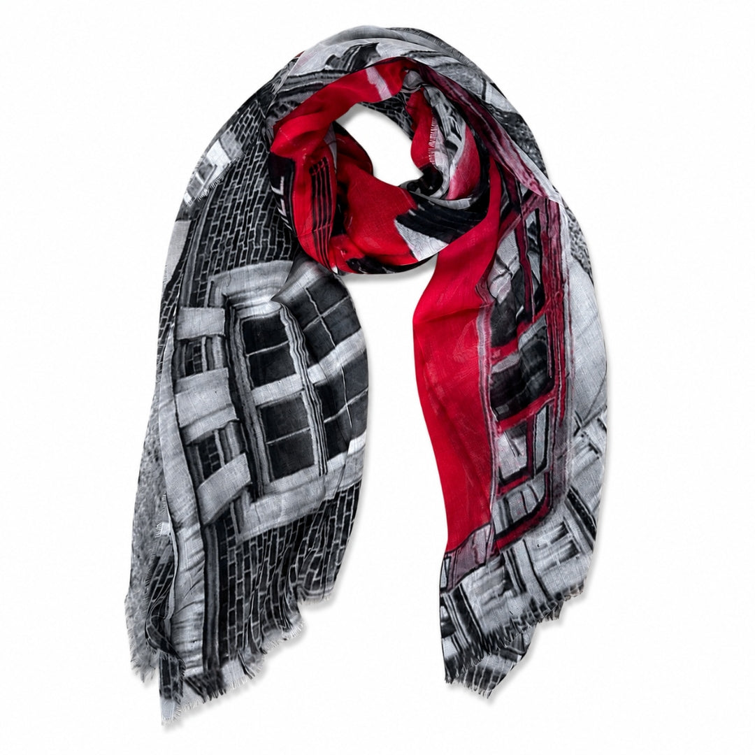 Blue Pacific Piccadilly London Bus scarf in black, white, and red, shown styled and draped.