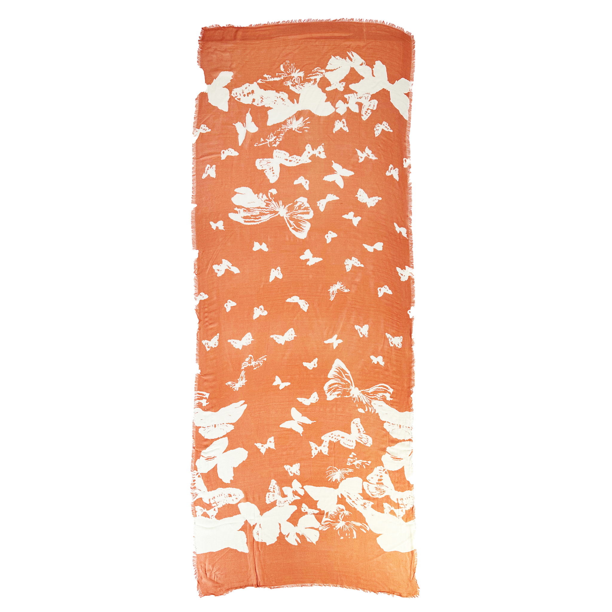 Blue Pacific Papillon Scarf in Persimmon, shown laid flat so the butterfly print reads across the oblong.