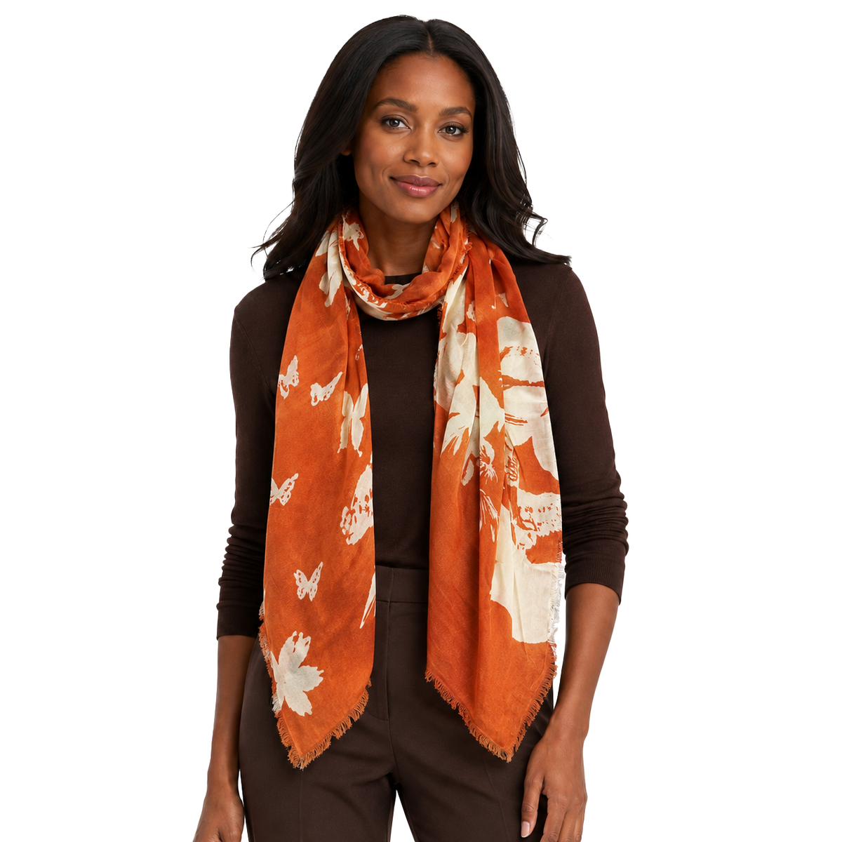 Blue Pacific Papillon Scarf in Persimmon, shown worn on a model against a white studio background.