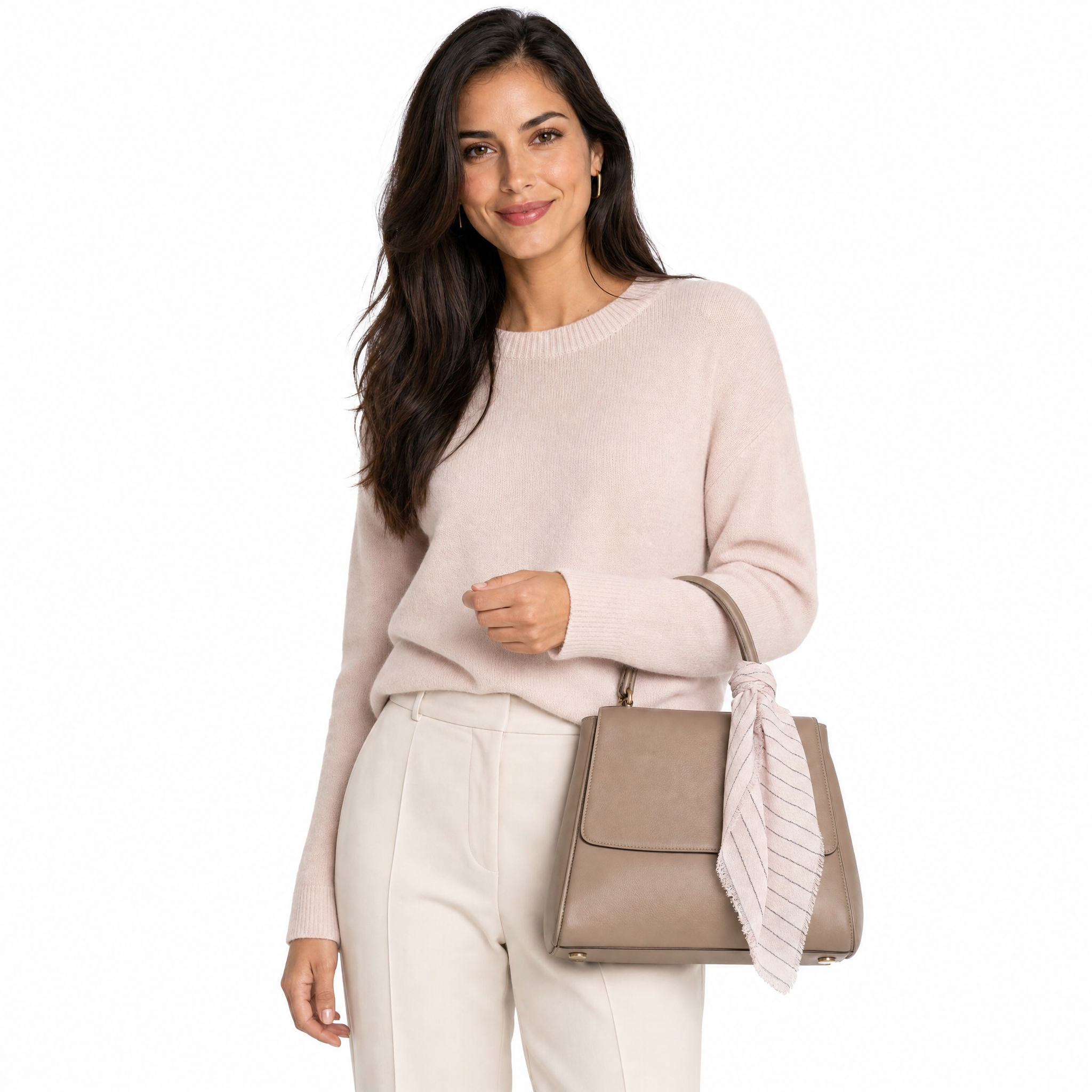 Blue Pacific Cashmere Blend Pin Stripe neckerchief in Pink, knotted on a handbag.
