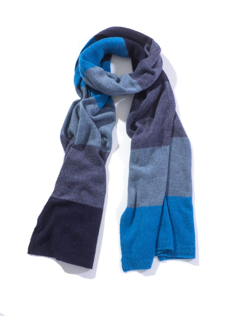 Blue Pacific Cashmere Knit Stripe Scarf in Denim, shown looped.