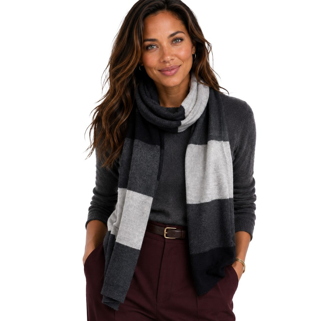 Blue Pacific Cashmere Knit Stripe Scarf in Slate, shown on model.