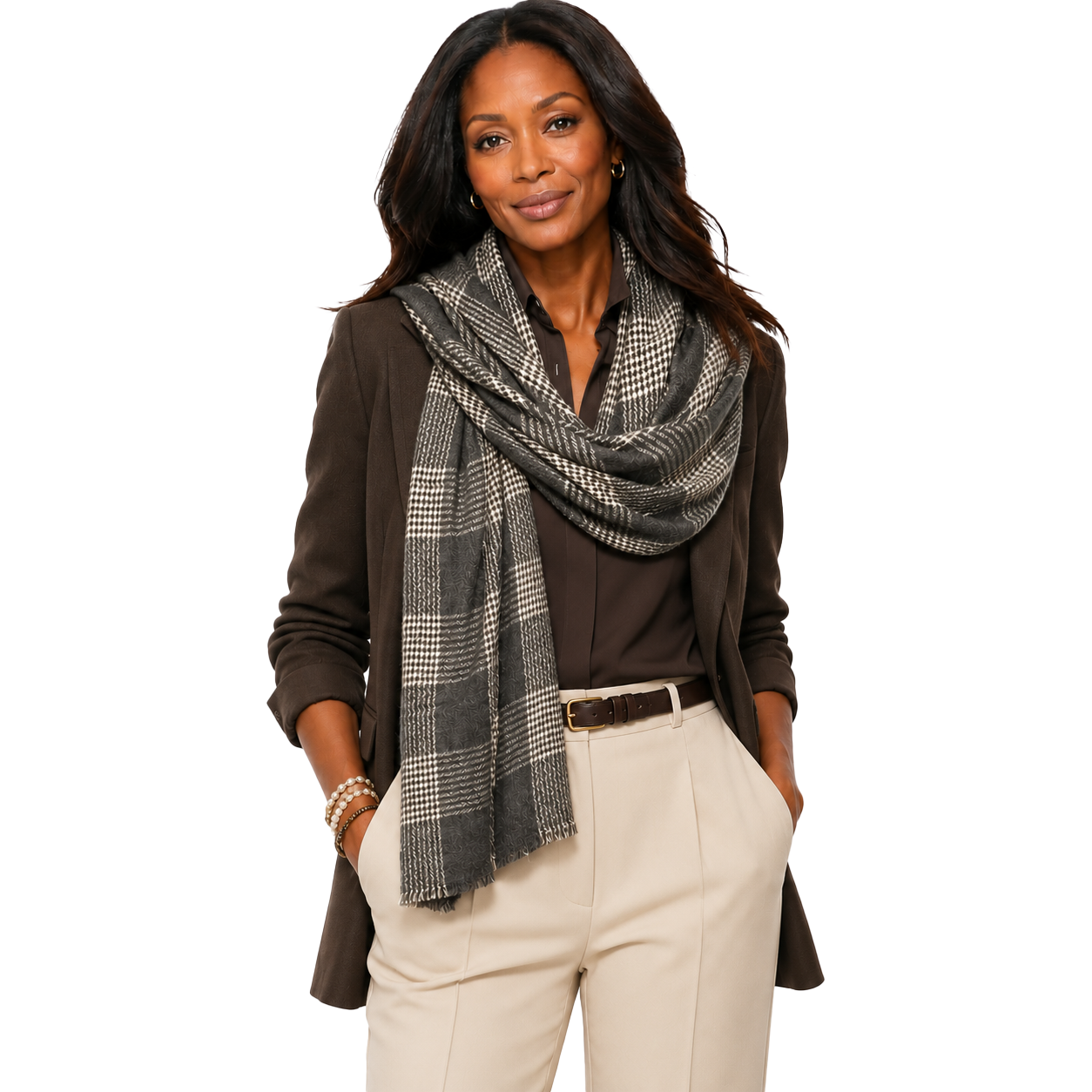 Blue Pacific Mayfair Pure Cashmere Pattern Scarf in Charcoal Plaid, shown worn on a model.