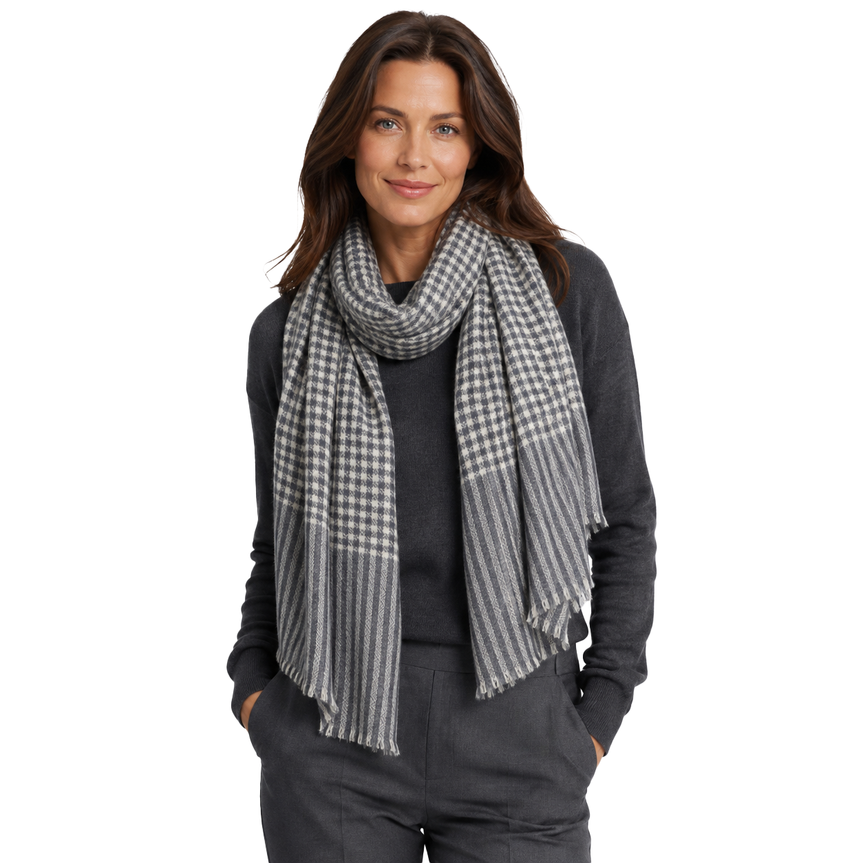 Blue Pacific Mayfair Pure Cashmere Pattern Scarf in Charcoal Check, shown worn on a model against a white studio background.