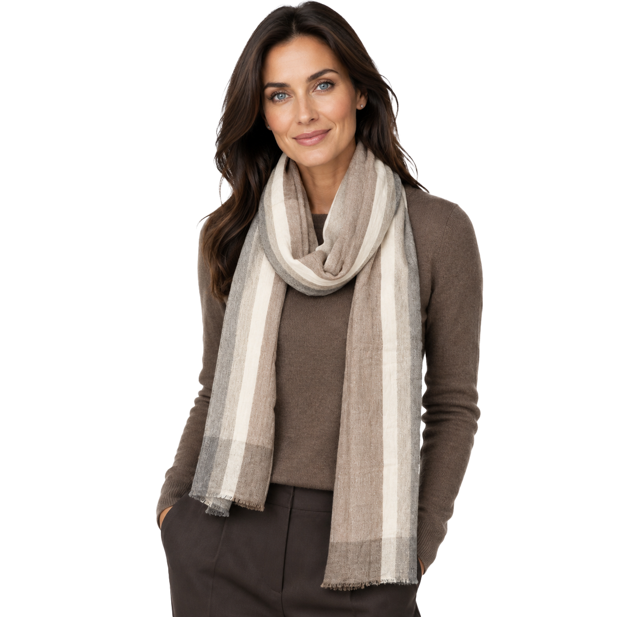 Blue Pacific Mayfair Pure Cashmere Pattern Scarf in Taupe Stripe, shown worn on a model in studio light.