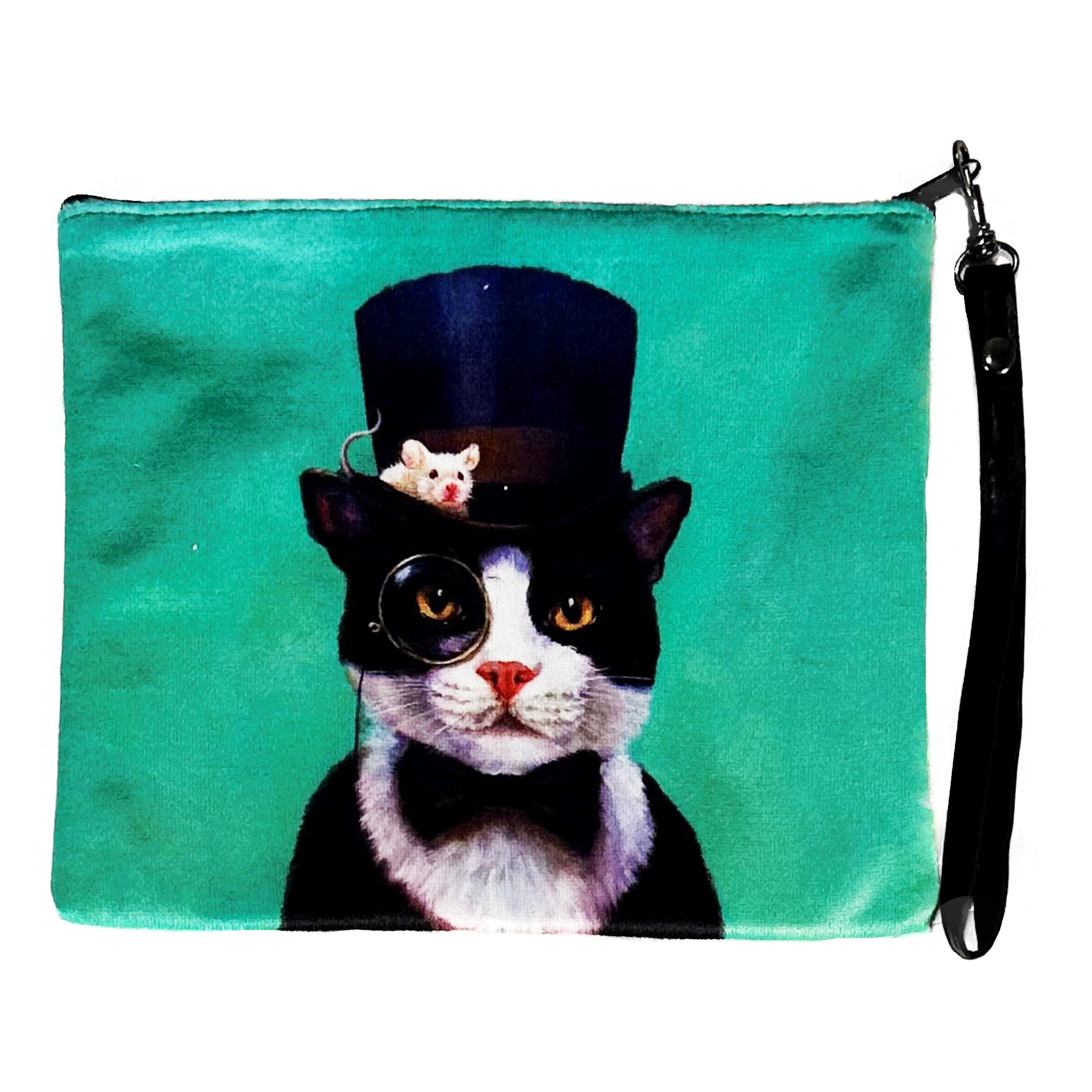 Top Hat Cat Faux Suede Wristlet