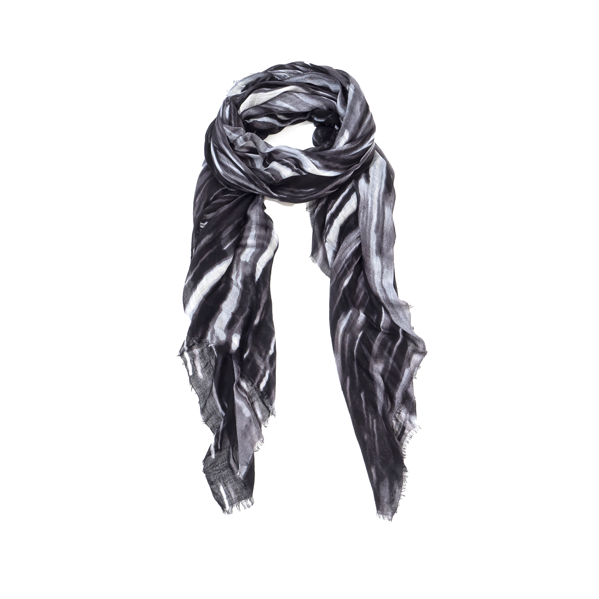 A lightweight scarf with a black, gray, and white striped pattern, styled in a loose knot against a solid white background.