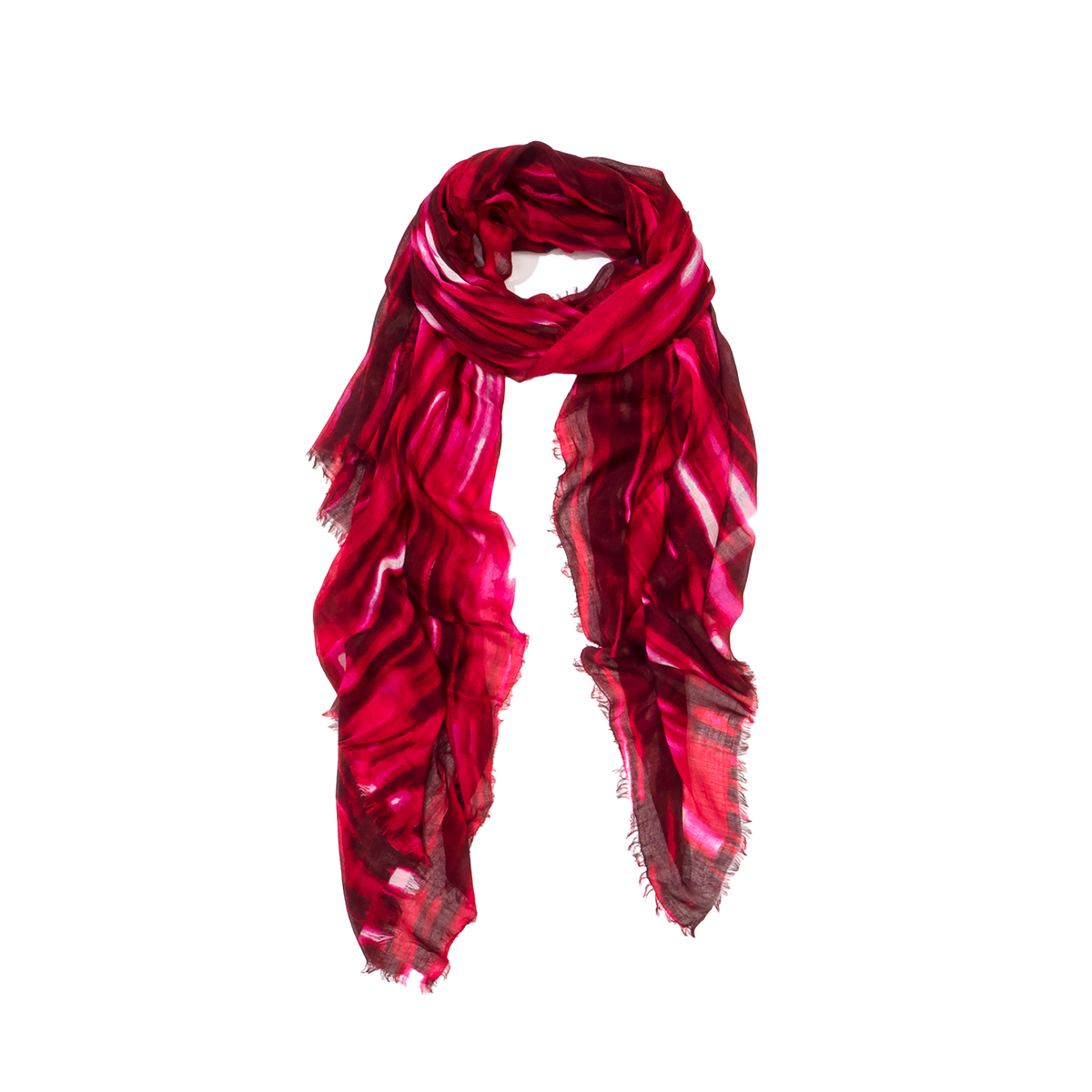 A lightweight scarf in vibrant magenta pink and deep red with a subtle plaid pattern and frayed edges, displayed against a solid white background.
