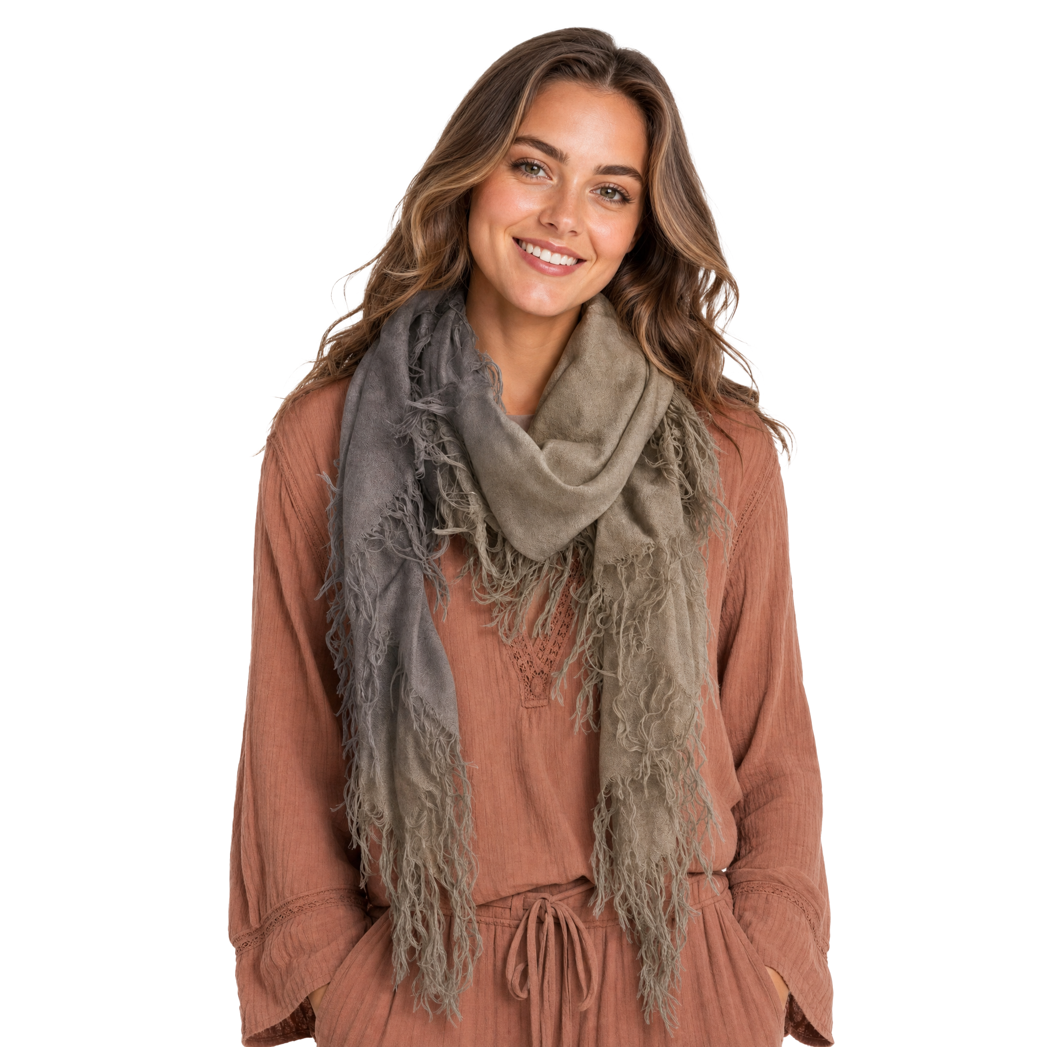 Cashmere Blend ombre Half Scarf - Denim/Olive
