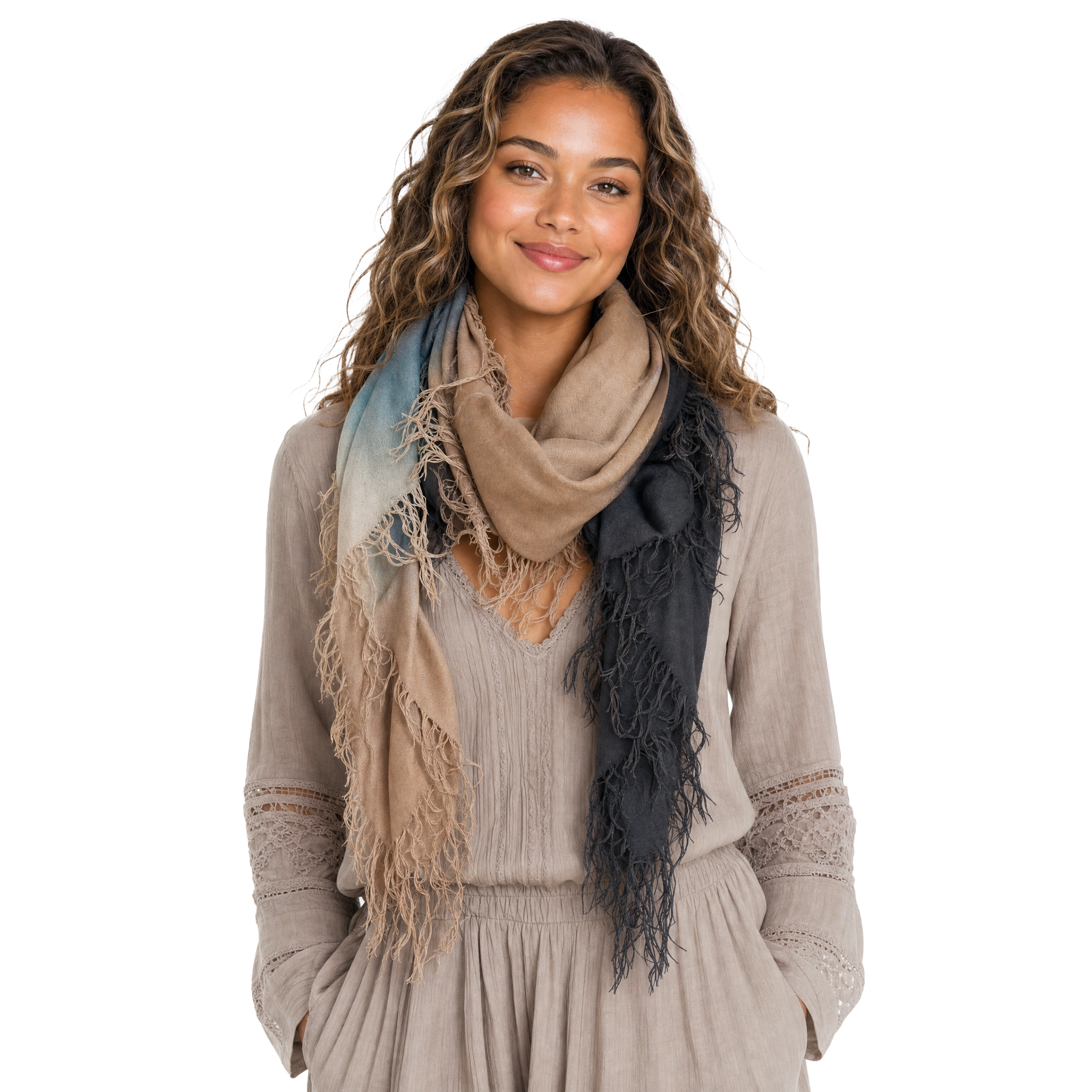 Cashmere Blend ombre Half Scarf - Blue Graphite/Camel