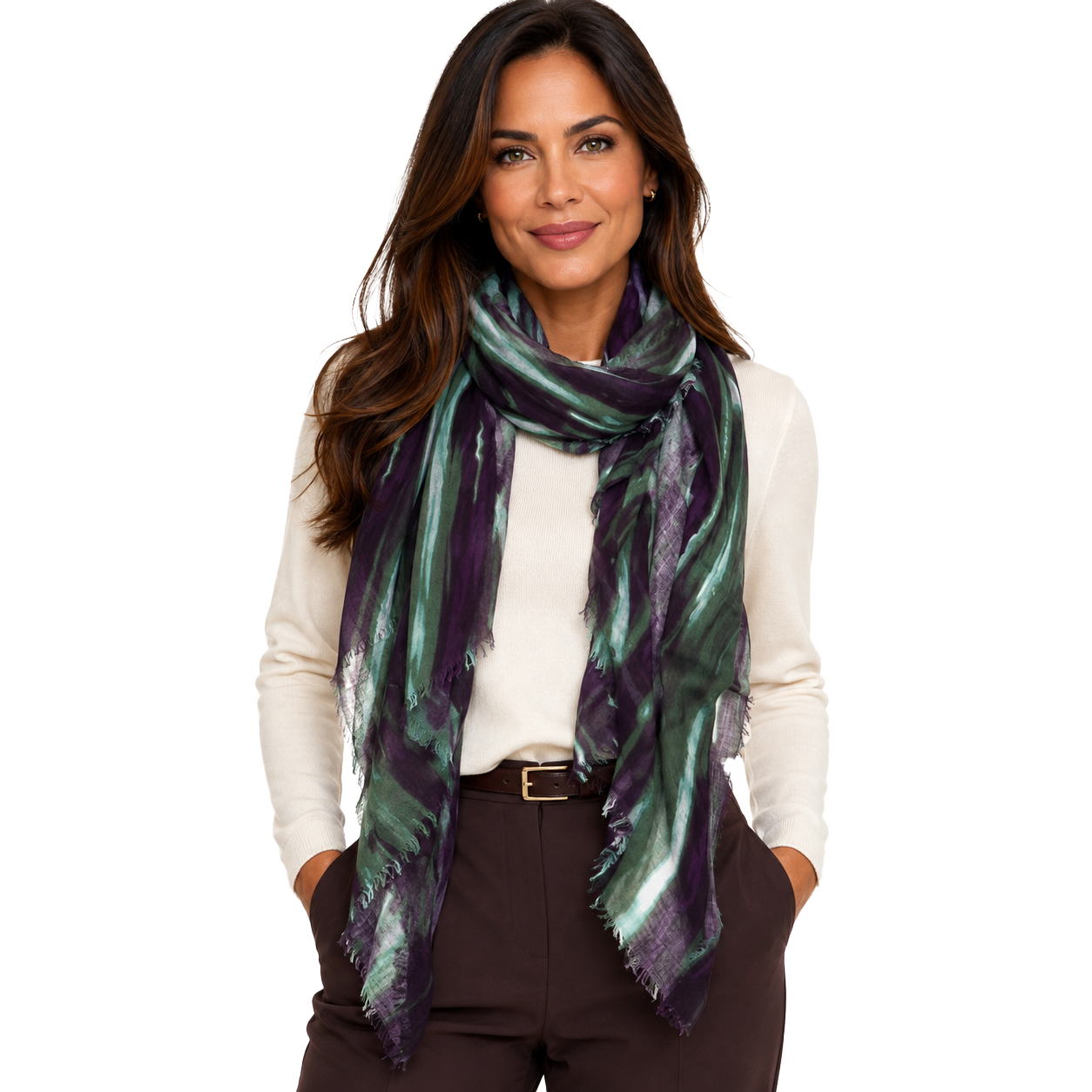 Blue Pacific Lightfall Scarf in Eggplant/Olive, shown laid flat to the full painterly stripe print.