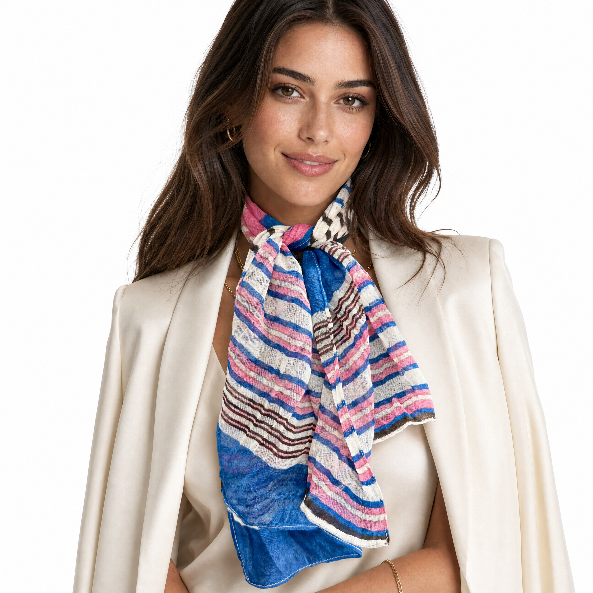 Blue Pacific Starburst cotton neckerchief in Coral/Cobalt, tied at the neck on a model.