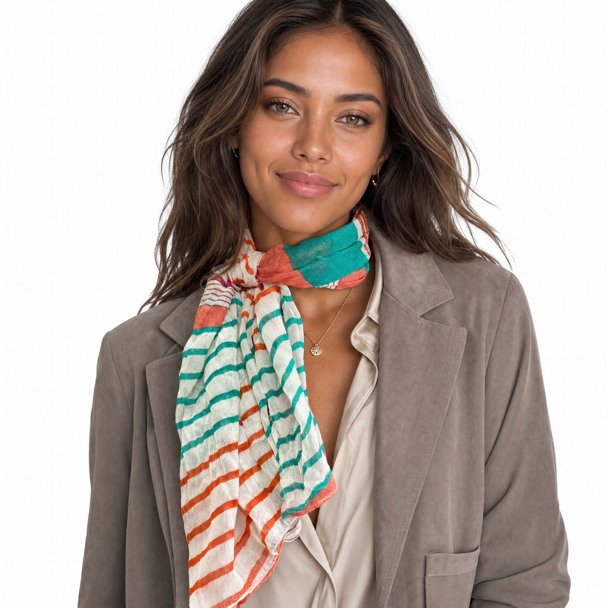 Blue Pacific Starburst cotton neckerchief in Coral/Teal, tied at the neck on a model.