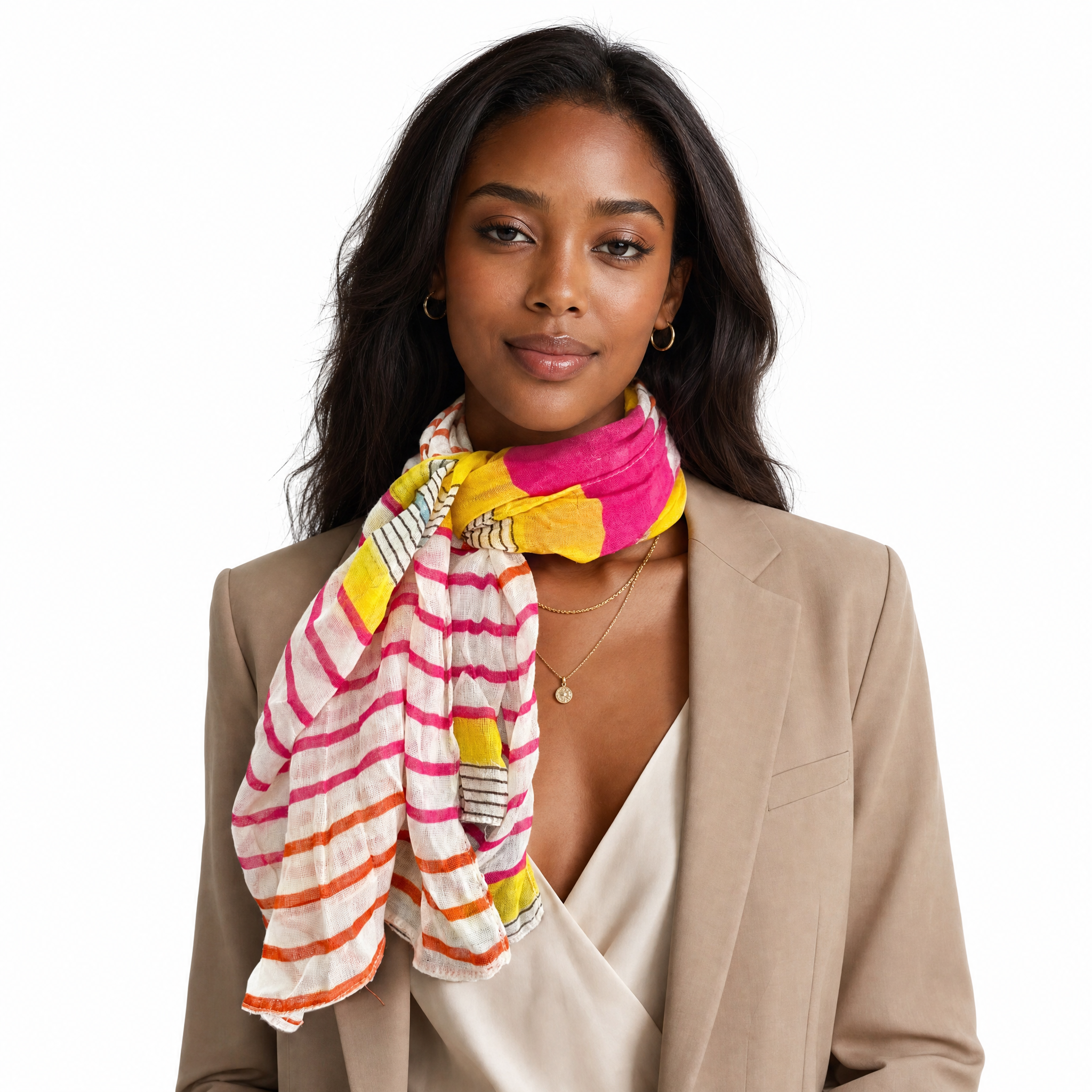 Blue Pacific Starburst cotton neckerchief in Hot Pink/Yellow, tied at the neck on a model.