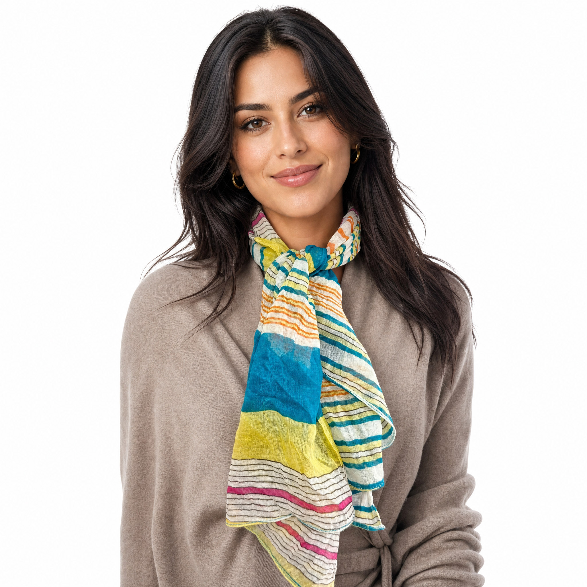 Blue Pacific Starburst cotton neckerchief in Teal/Yellow, tied at the neck on a model.