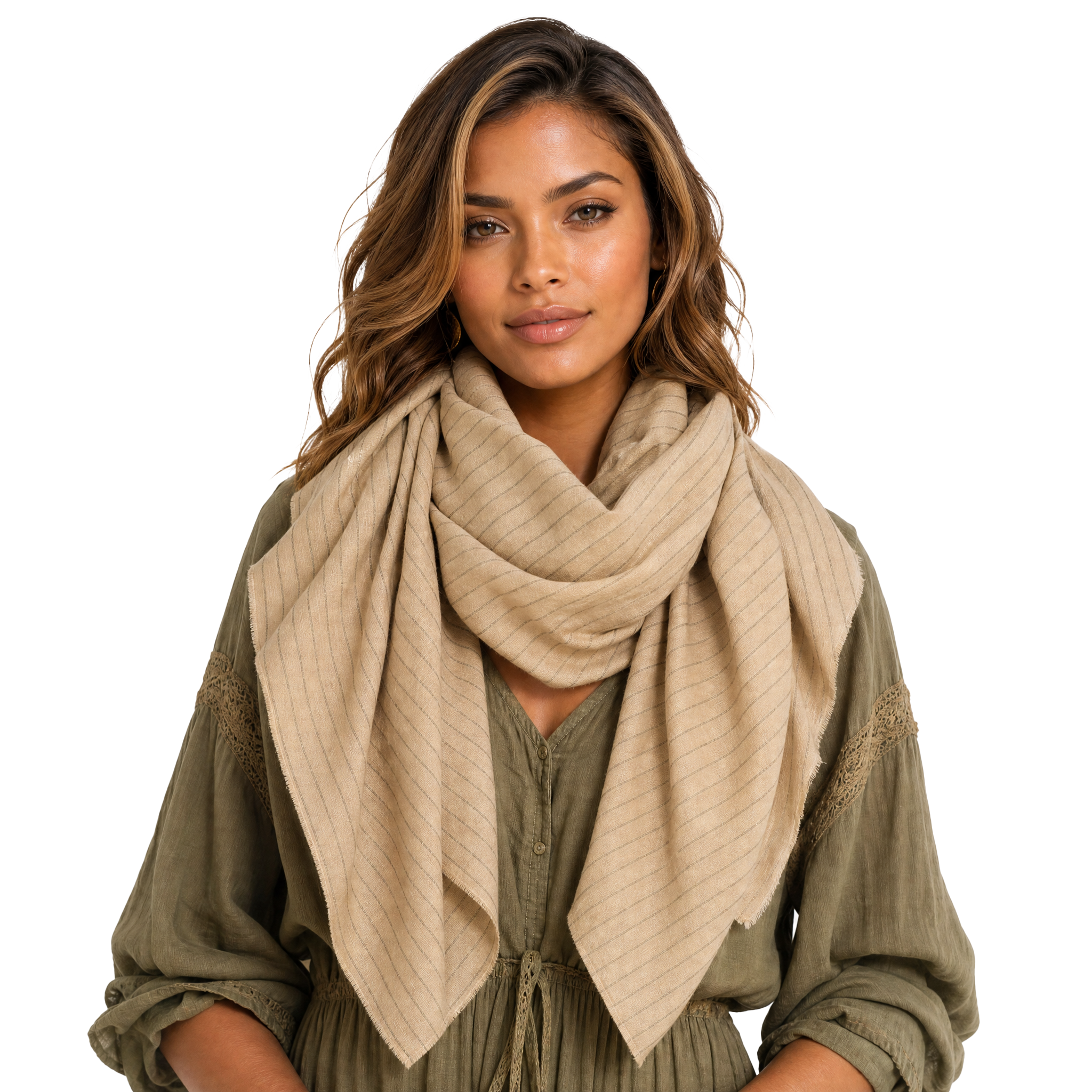 Cashmere Blend pin stripe Half Scarf - Camel